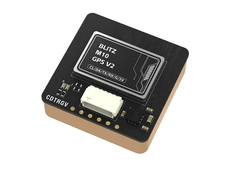 Черный модуль GPS iFlight BLITZ M10 GPS V2 с белым разъемом и золотыми контактами на краю.