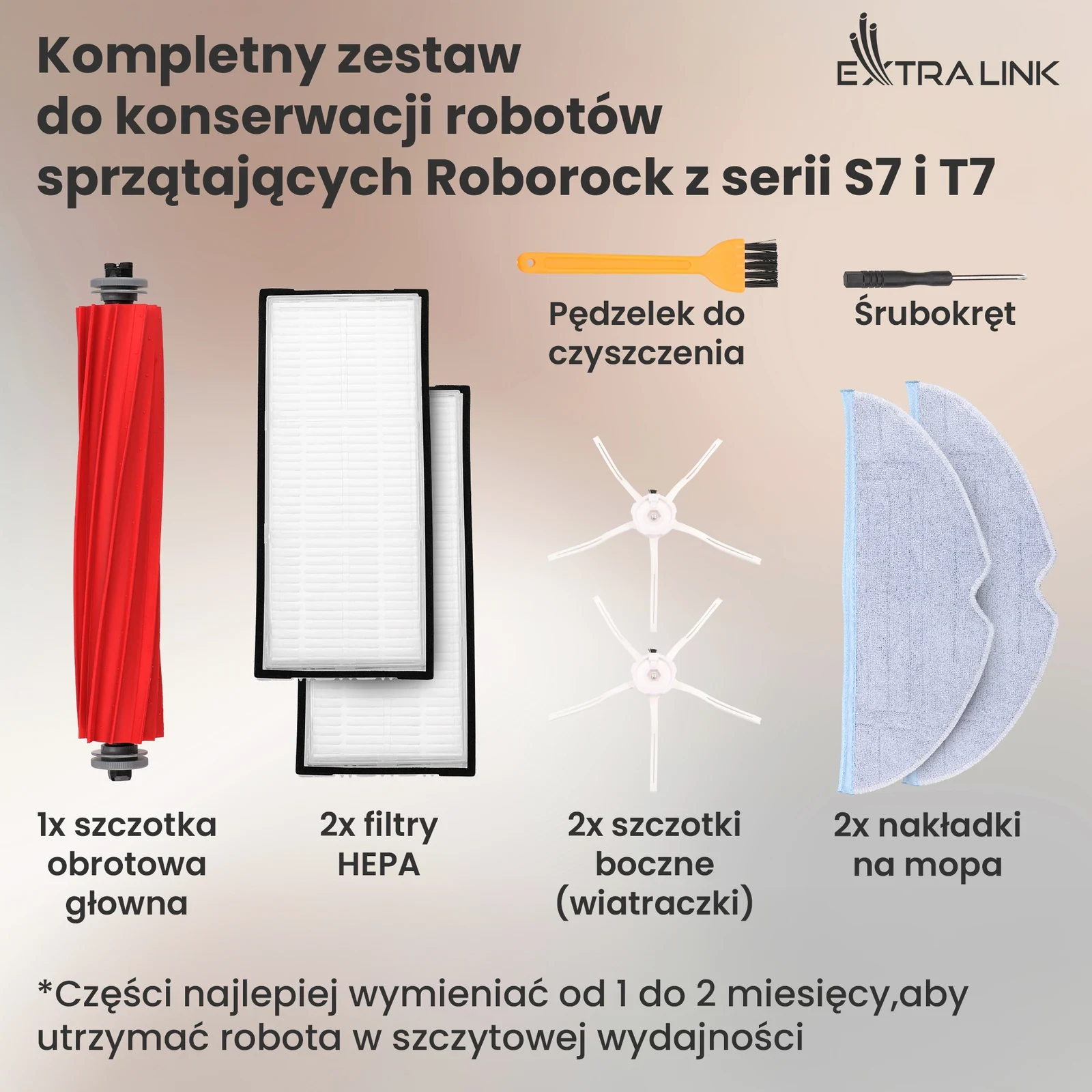 Szczotka główna, dwa filtry, dwie szczotki boczne, dwie nakładki mopujące, pędzelek i śrubokręt