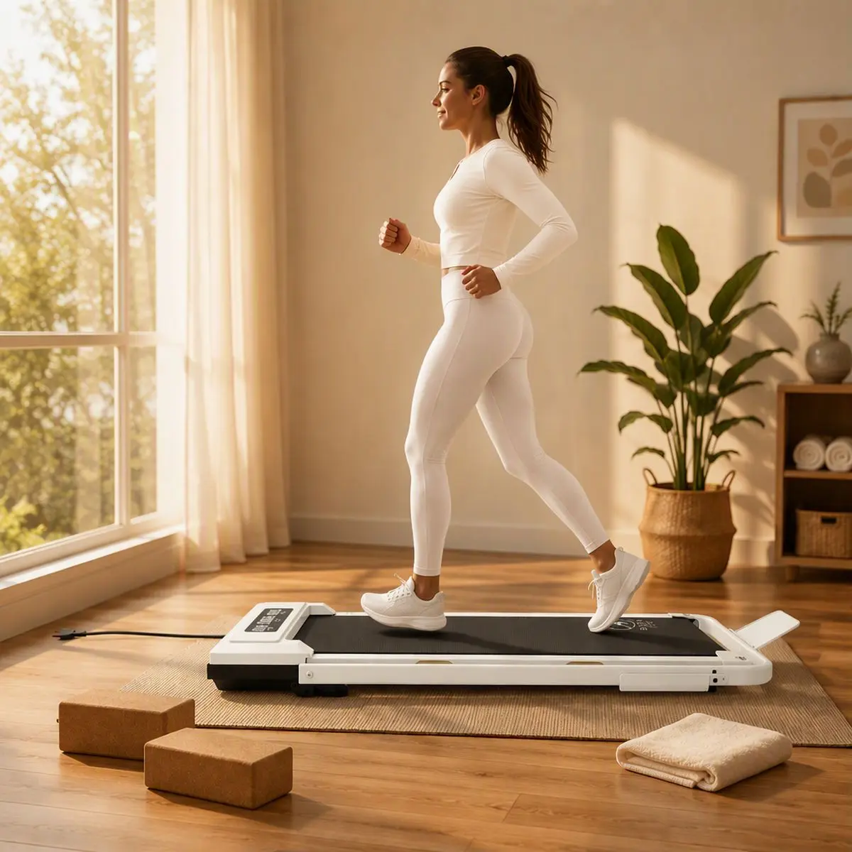 Kobieta korzysta z bieżni StayFit Aurora z wysoką poręczą i uchwytem w mieszkaniu
