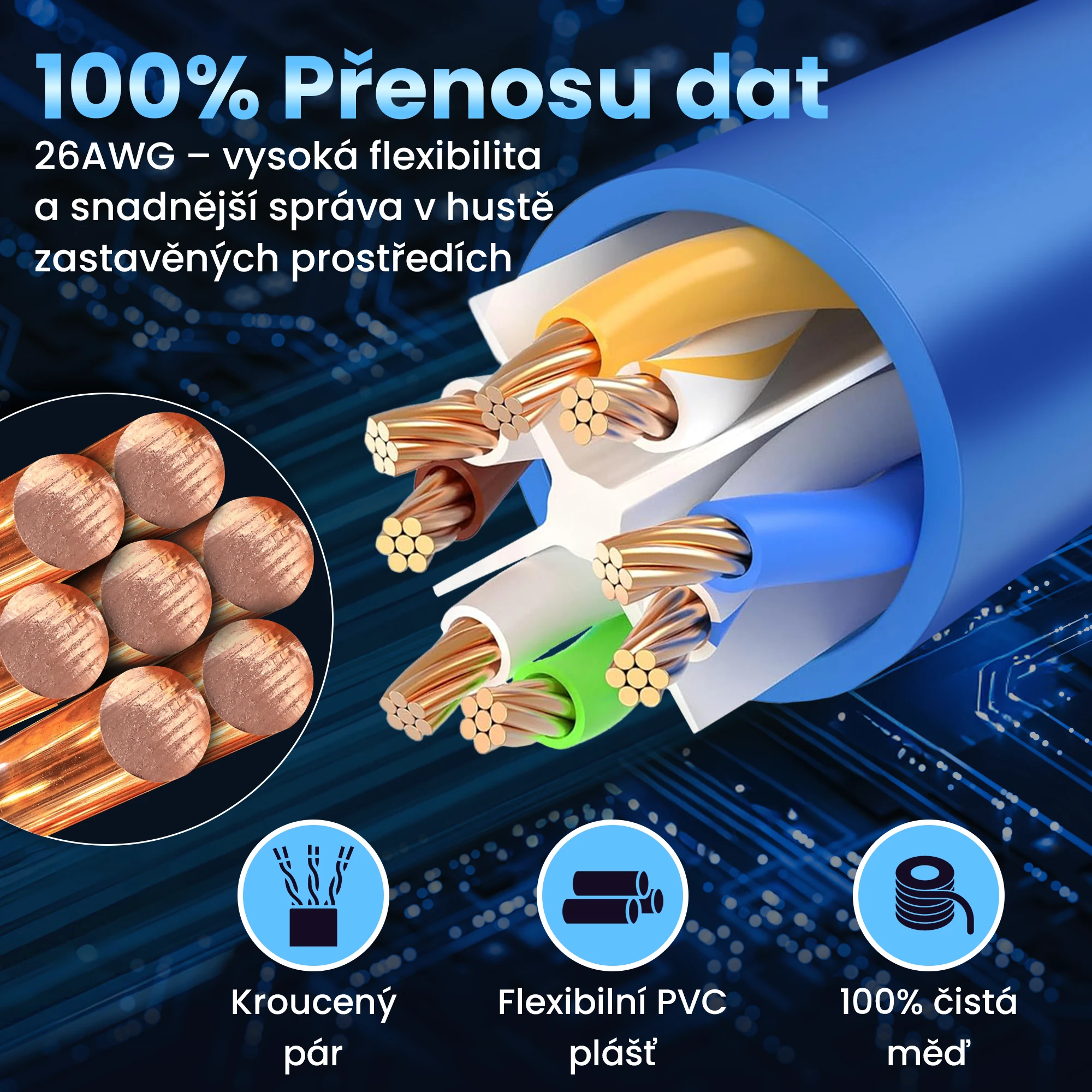 Průřez modrého síťového kabelu s měděnými žilami a barevnými páry vodičů