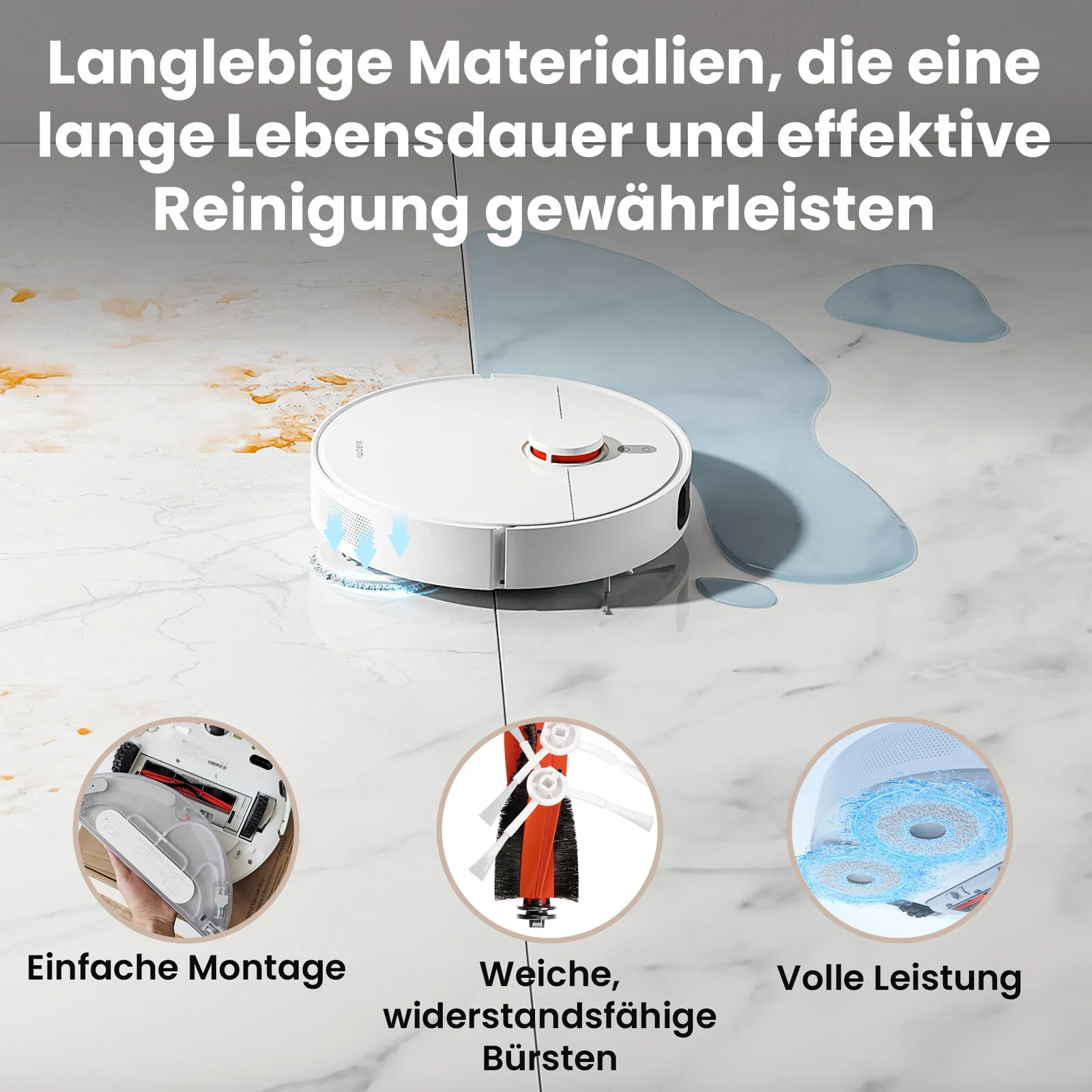 Weißer Saugroboter beim Reinigen eines nassen Bodens sowie Bürsten- und Wischelemente
