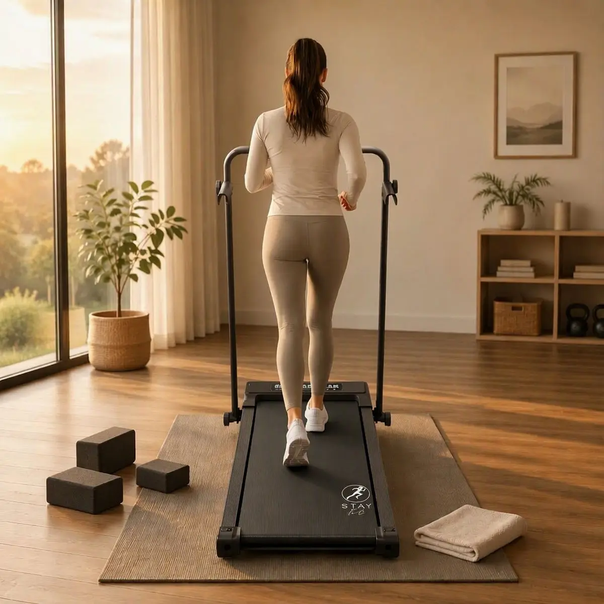 Kobieta ćwiczy na bieżni StayFit Aurora widzianej od tyłu w jasnym pomieszczeniu treningowym