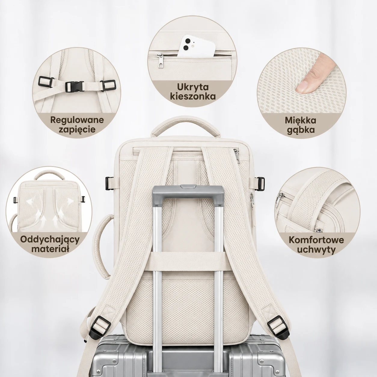 Mochila bege sobre uma mala, com alças visíveis, alça de mão e cinta de fixação, além de ilustrações de seus detalhes.