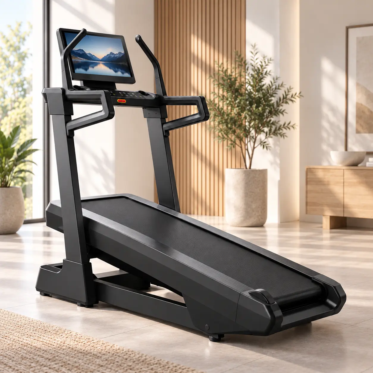 Bieżnia StayFit Vector Pro z uniesionym pasem biegowym, pokazująca regulację kąta nachylenia.