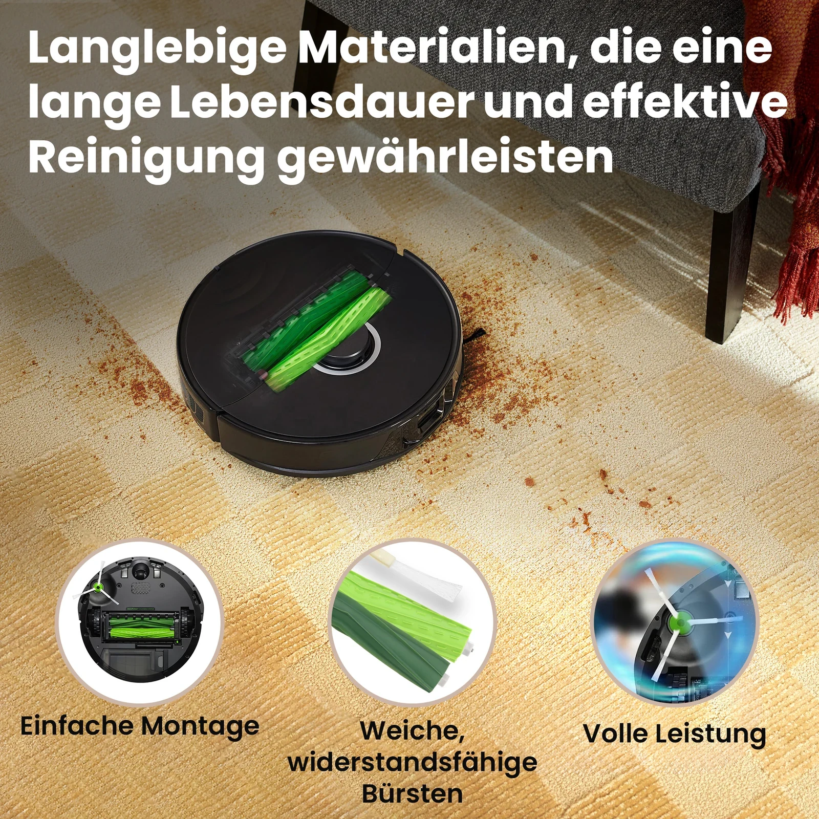 iRobot-Roomba-Saugroboter mit grünen Gummiwalzen auf einem Teppich