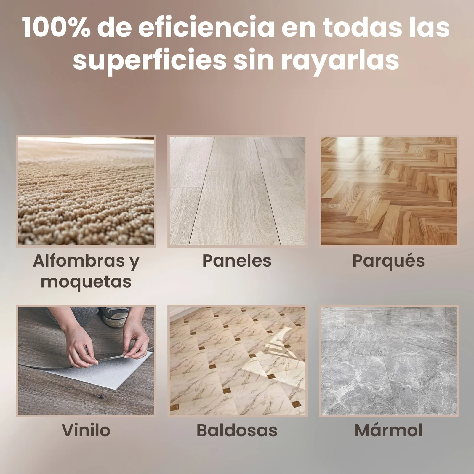 Robot iRobot Roomba limpiando una alfombra y conjunto de superficies: paneles, parqué, azulejos y mármol