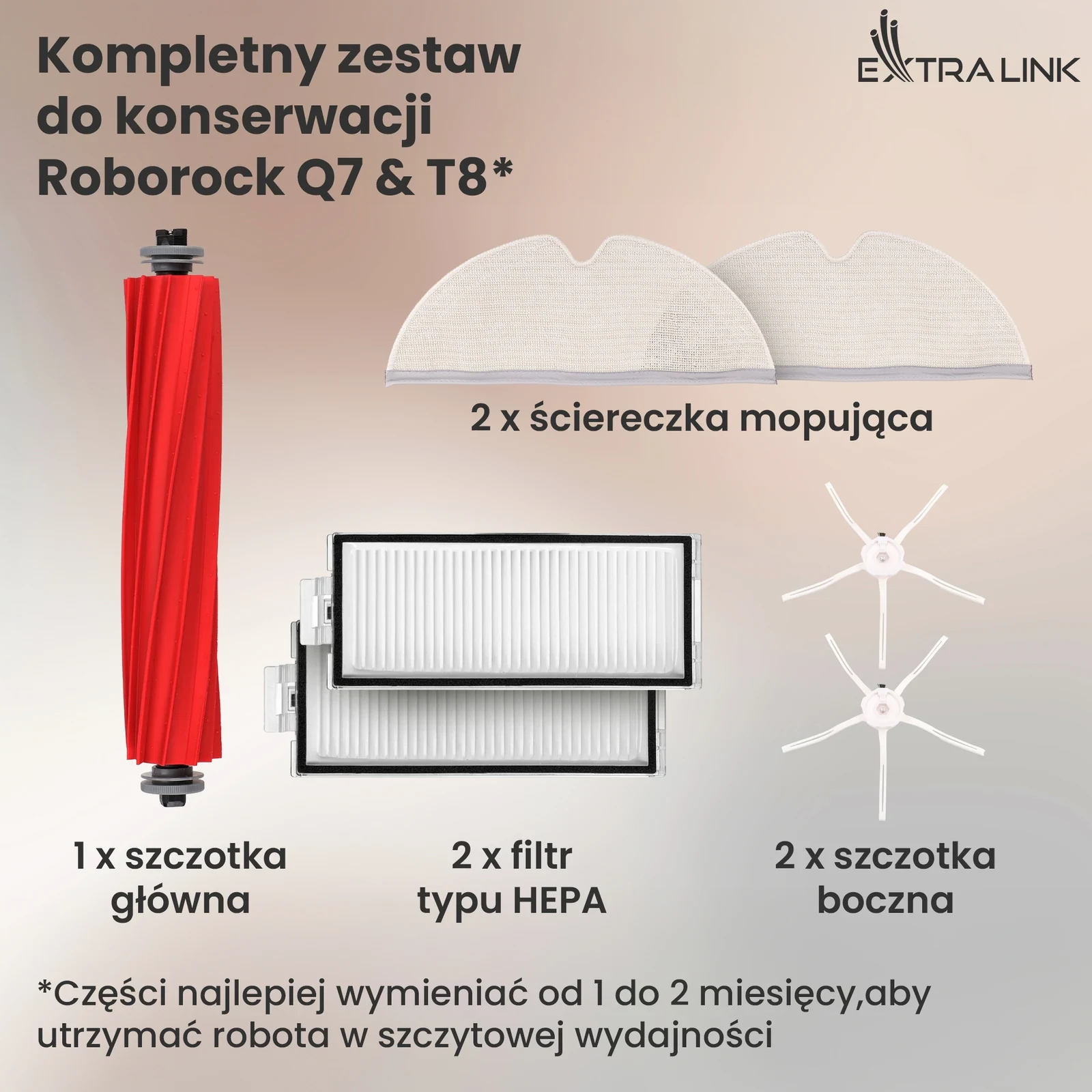 Zestaw części Extralink do Roborock Q7 i T8: szczotka główna, filtry, szczotki boczne i ściereczki mopujące
