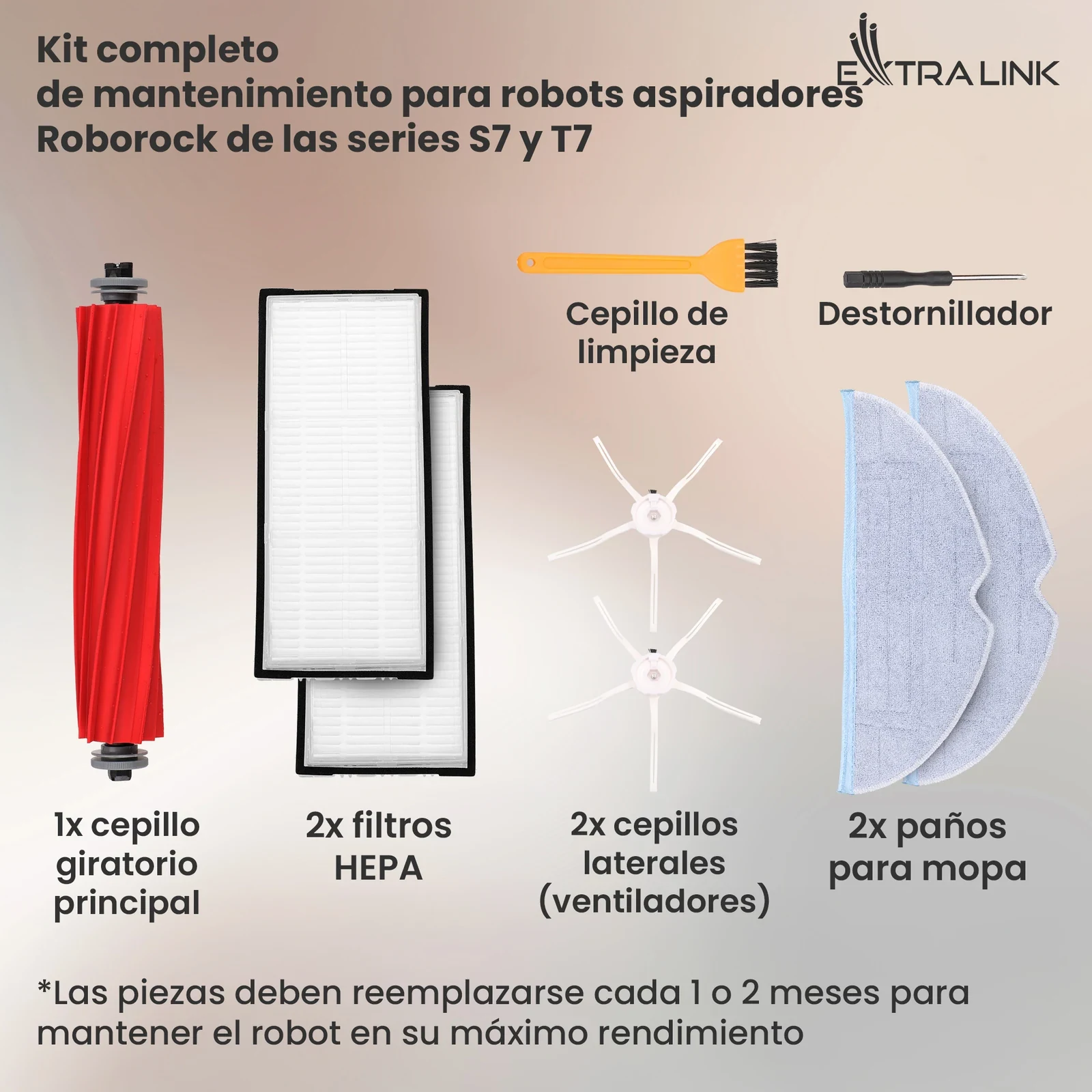 Cepillo principal, dos filtros, dos cepillos laterales, dos almohadillas de fregado, cepillo y destornillador
