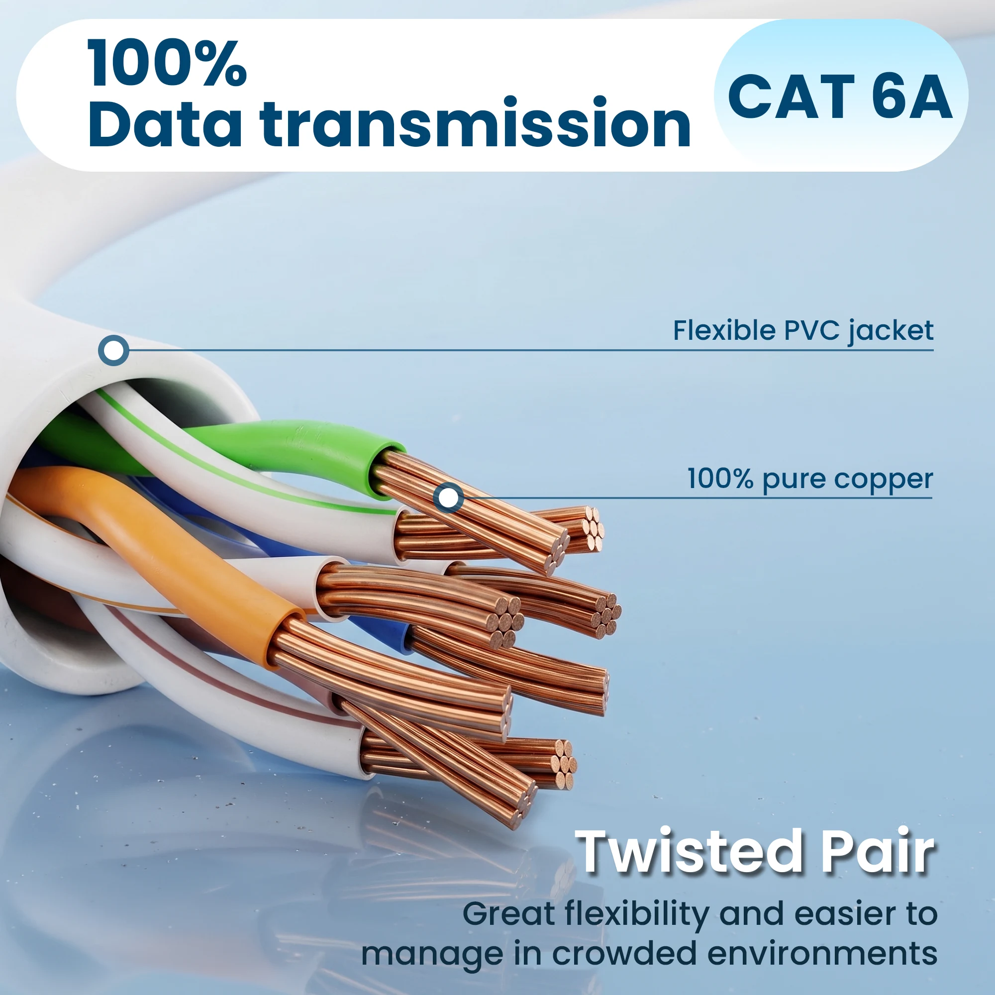 Structure of a white Extralink Cat.6A U/FTP cable with copper conductors and pair shielding