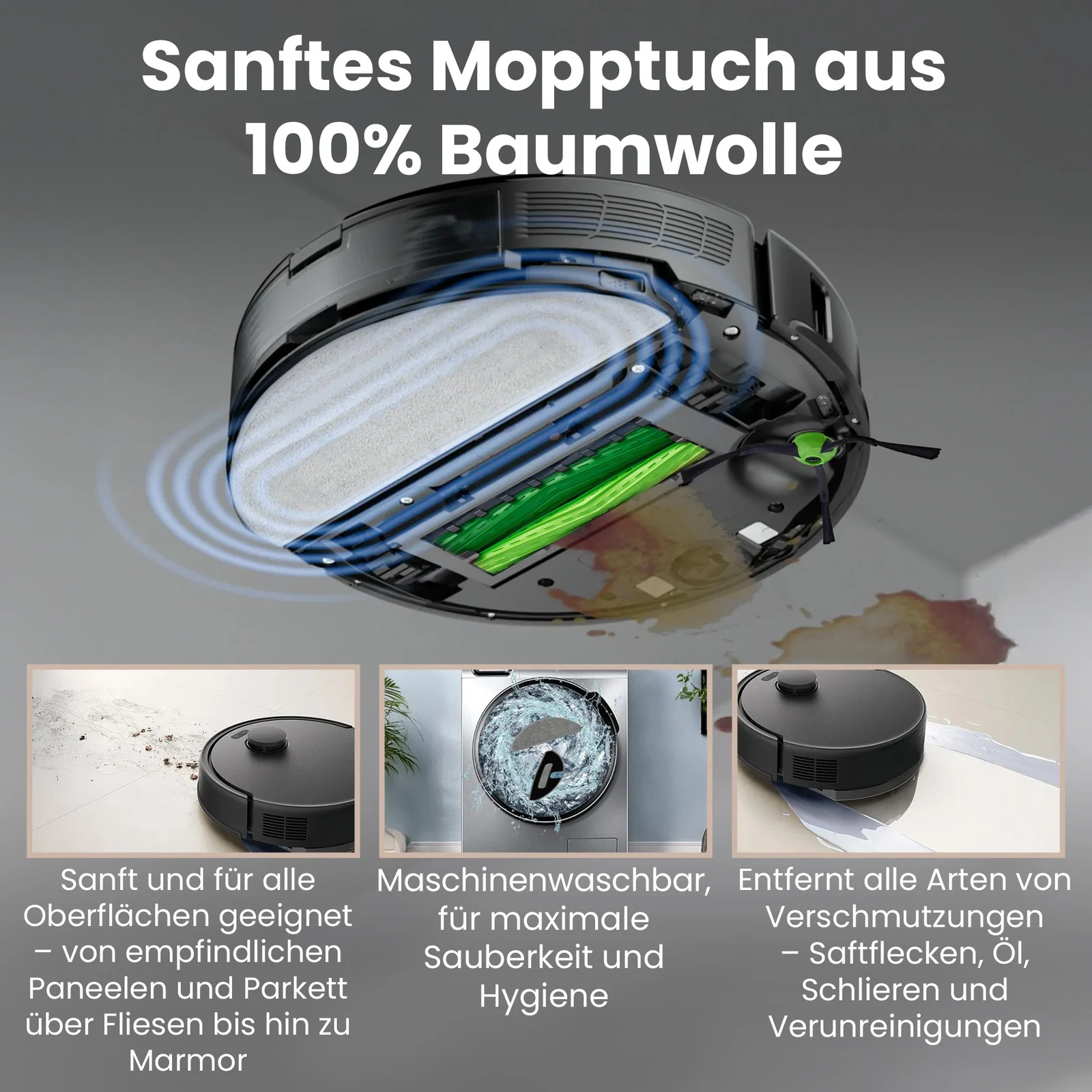 Unterseite eines Roomba mit montiertem weißen Wischmopptuch und grüner Bürste