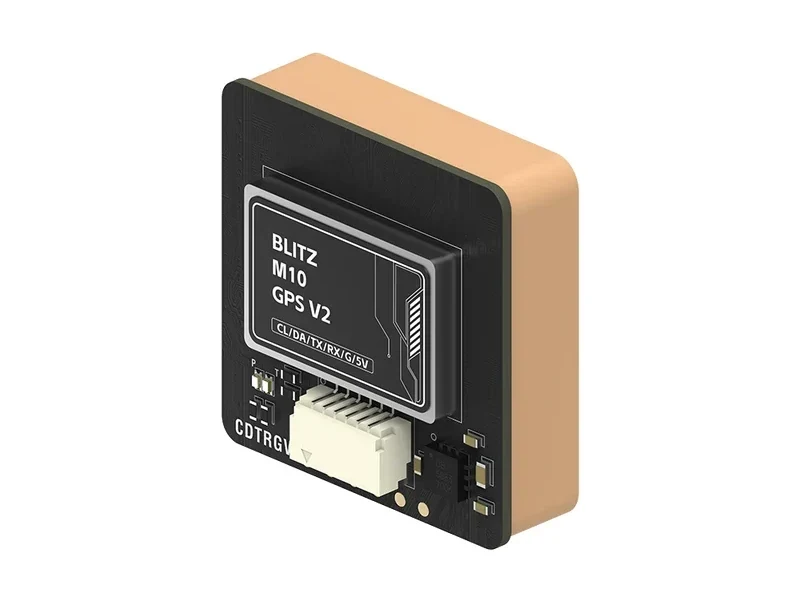 Модуль GPS iFlight BLITZ M10 GPS V2 на черной плате с белым разъемом и золотым корпусом.
