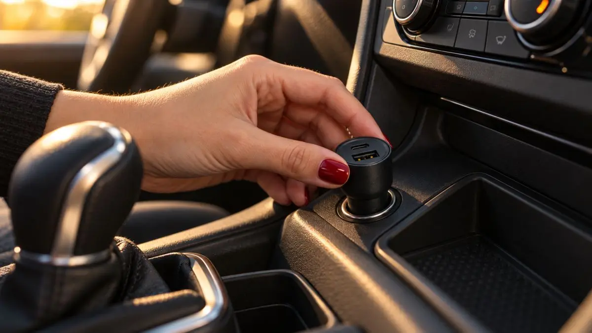 A hand with red nails inserting an FM transmitter into the cigarette lighter socket next to the gear lever.
