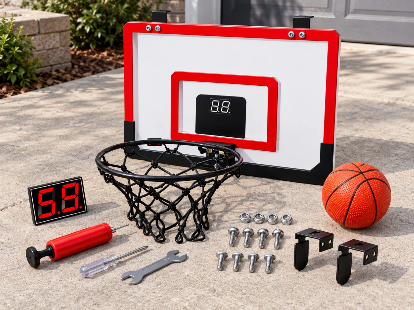 Tablero electrónico de baloncesto con efectos de luz LED y sonidos que reaccionan a las canastas.