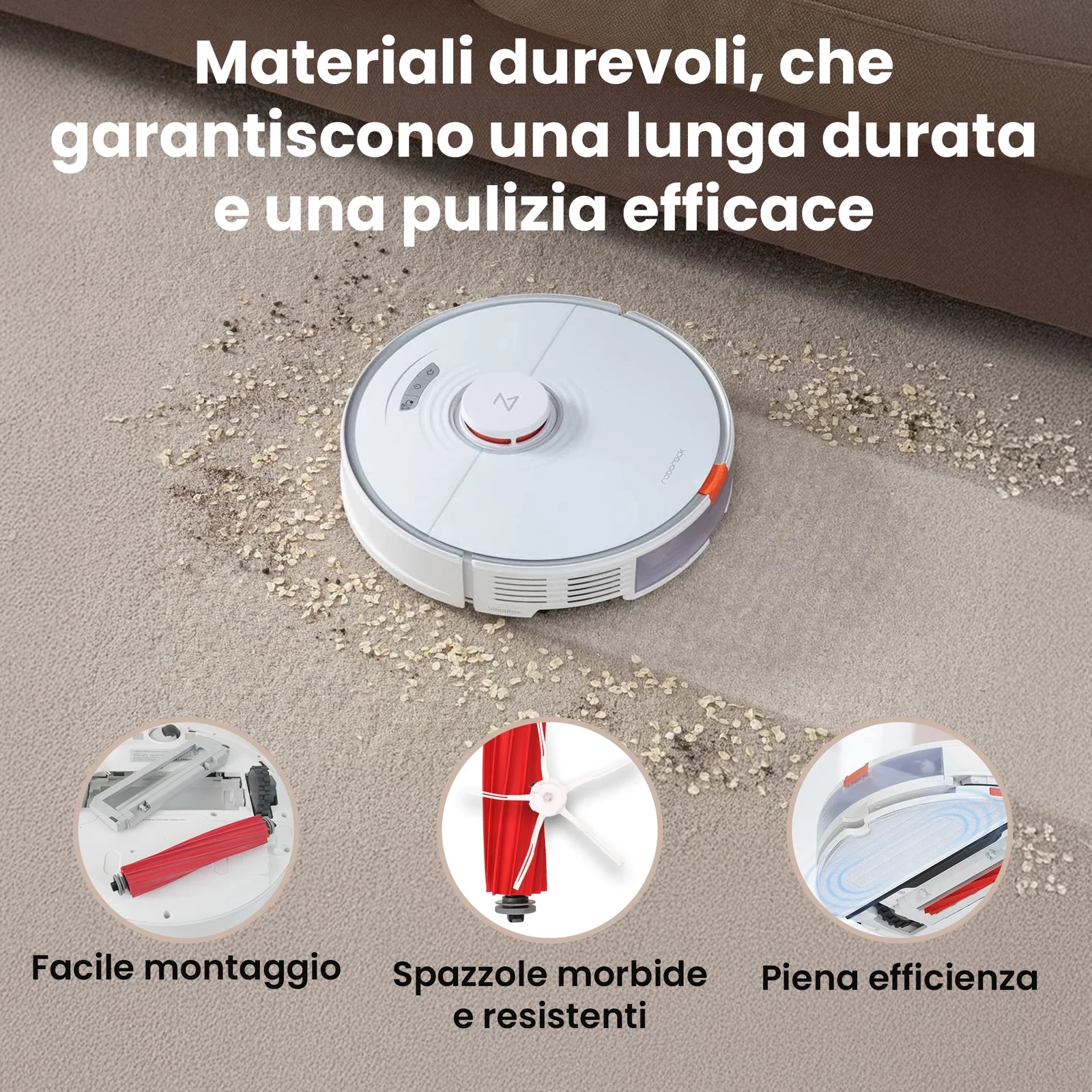 Robot Roborock bianco che pulisce lo sporco dal tappeto e componenti del set di ricambi