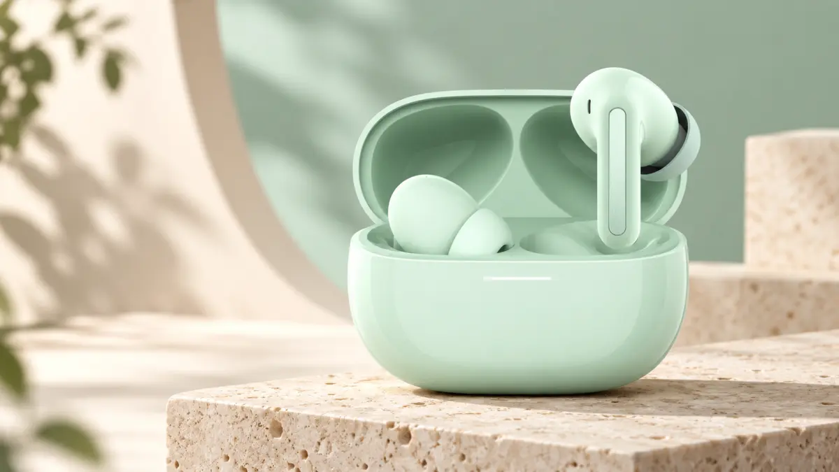 Mint wireless earbuds in an open case on a light stone step in sunlight.