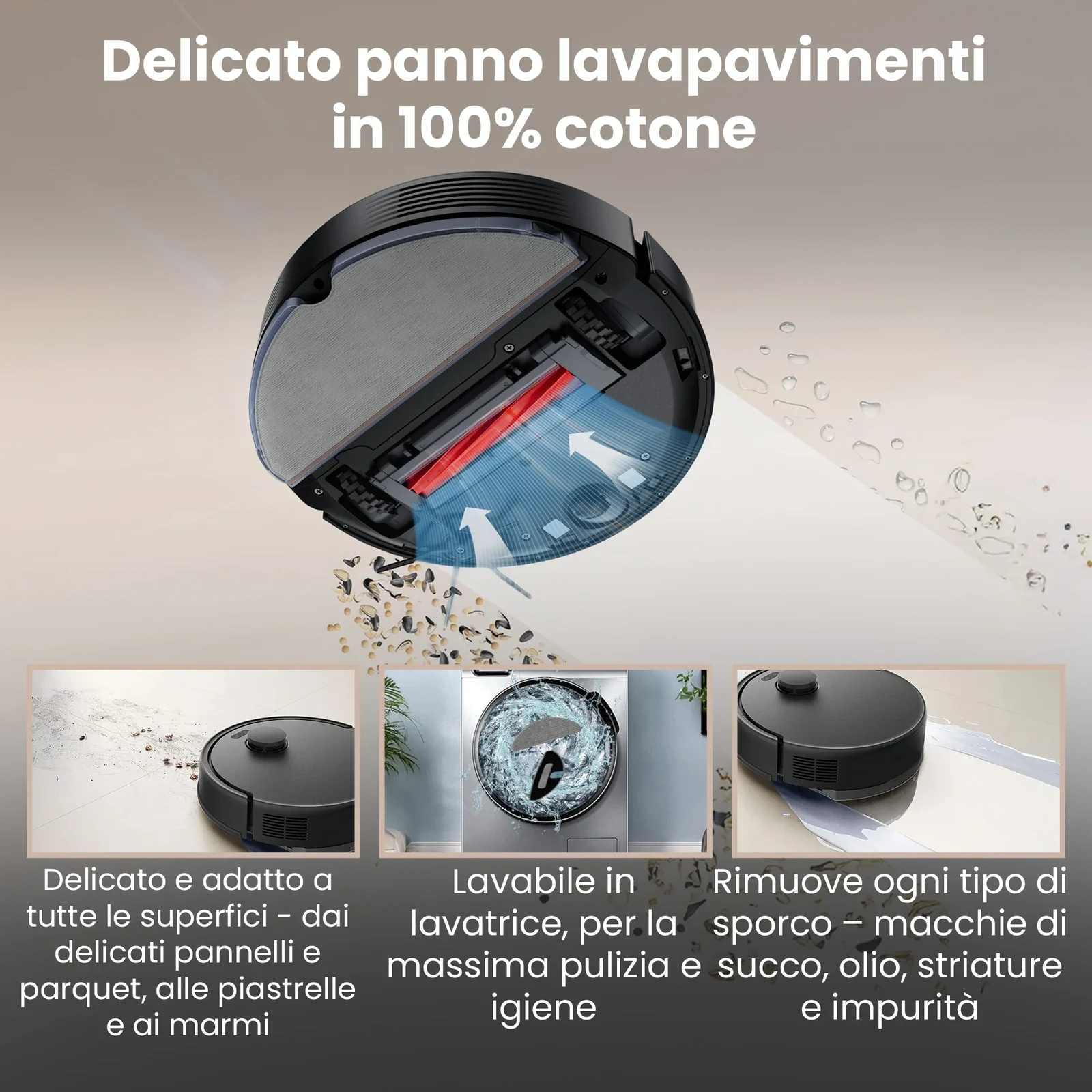 Robot aspirapolvere con panno per lavare i pavimenti installato durante la pulizia del pavimento