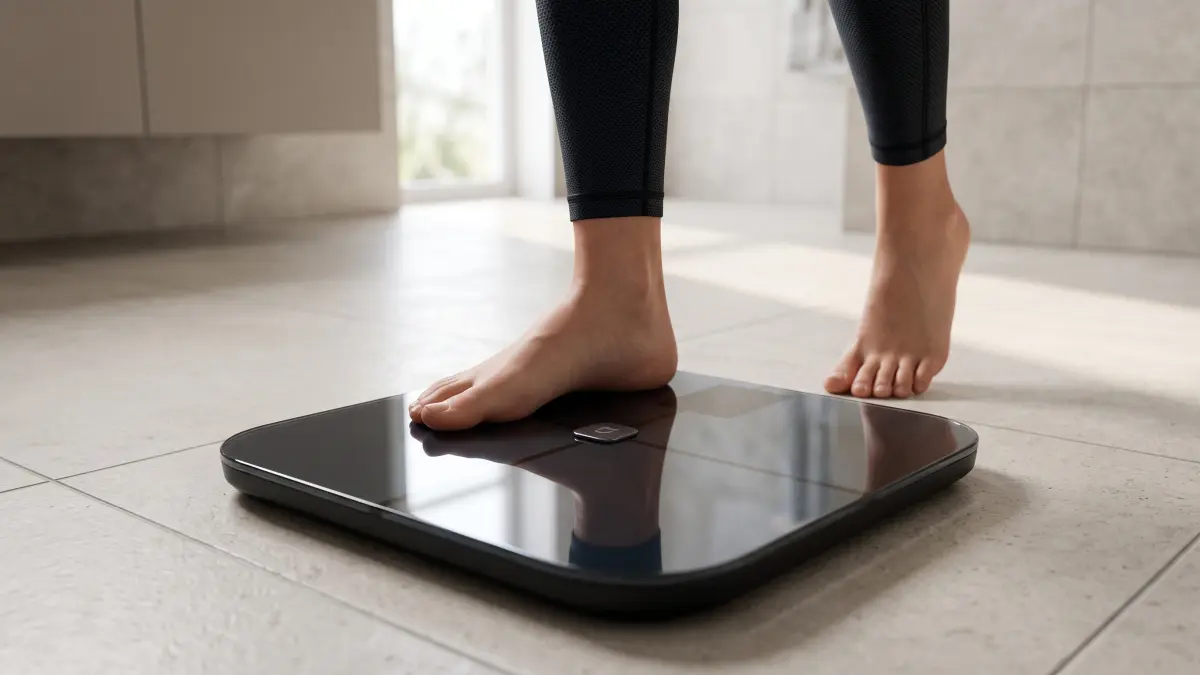 Osoba stawiająca bosą stopę na czarnej wadze Xiaomi.