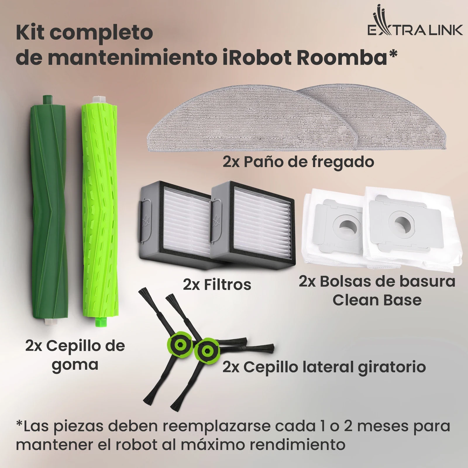 Kit de piezas Extralink para Roomba: cepillos de goma, filtros, cepillos laterales, mopas y bolsas Clean Base