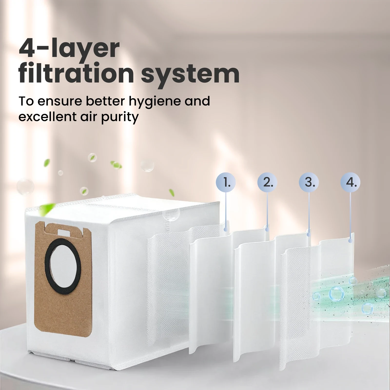 White vacuum cleaner bag showing four layers of filter material