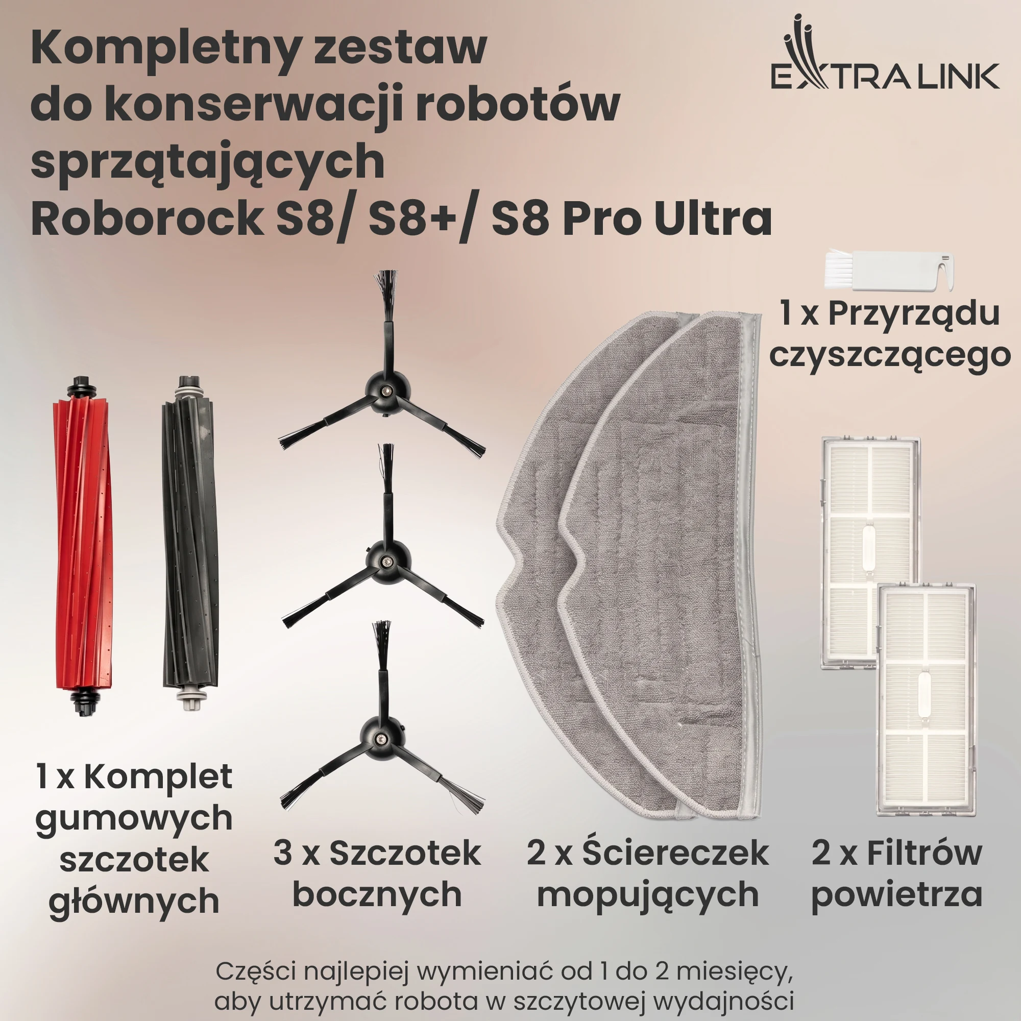 Kompletny zestaw części do konserwacji Roborock S8: szczotki, filtry, mopki i narzędzie czyszczące