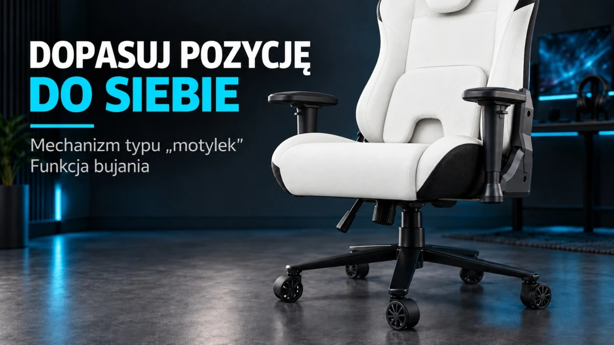 Biały fotel gamingowy Striker z mechanizmem motylek i funkcją bujania