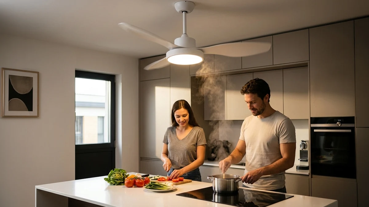 White ceiling fan with lamp in a kitchen, with a woman and a man preparing a meal in the background.