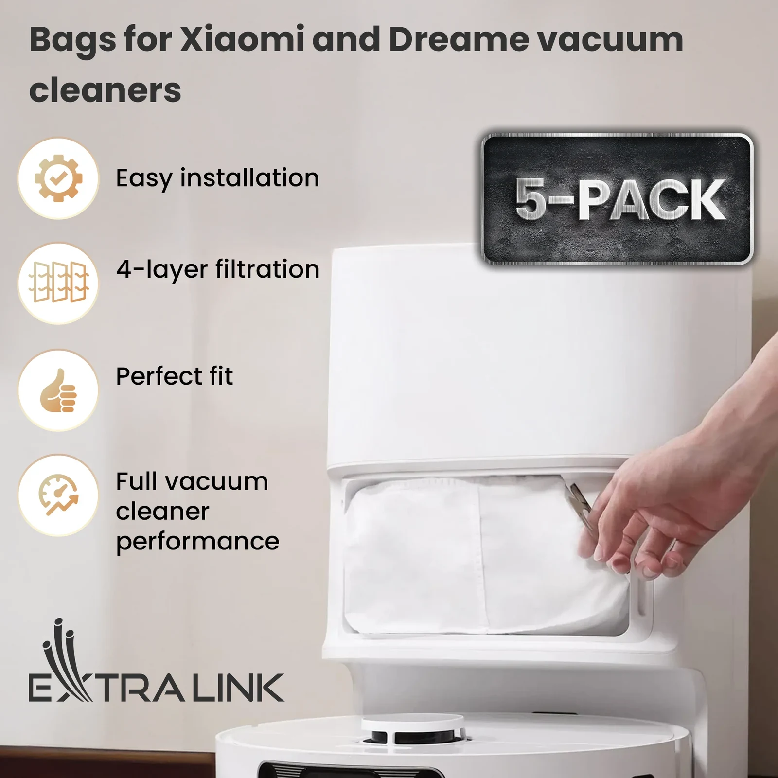 A hand placing a white bag in a robot vacuum cleaner's docking station