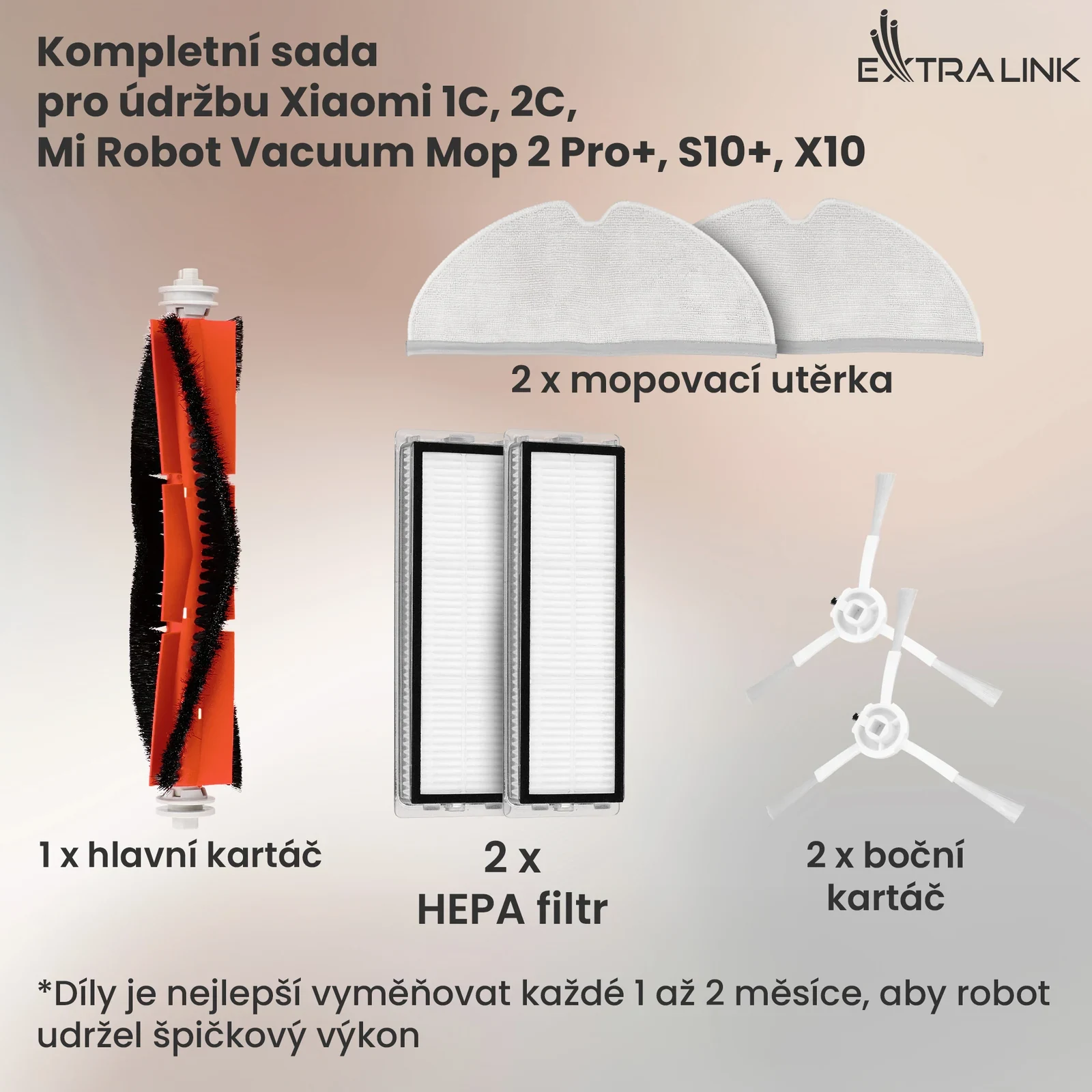 Souč&aacute;sti sady pro roboty Xiaomi: hlavn&iacute; kart&aacute;č, bočn&iacute; kart&aacute;če, filtry a dvě mopovac&iacute; utěrky