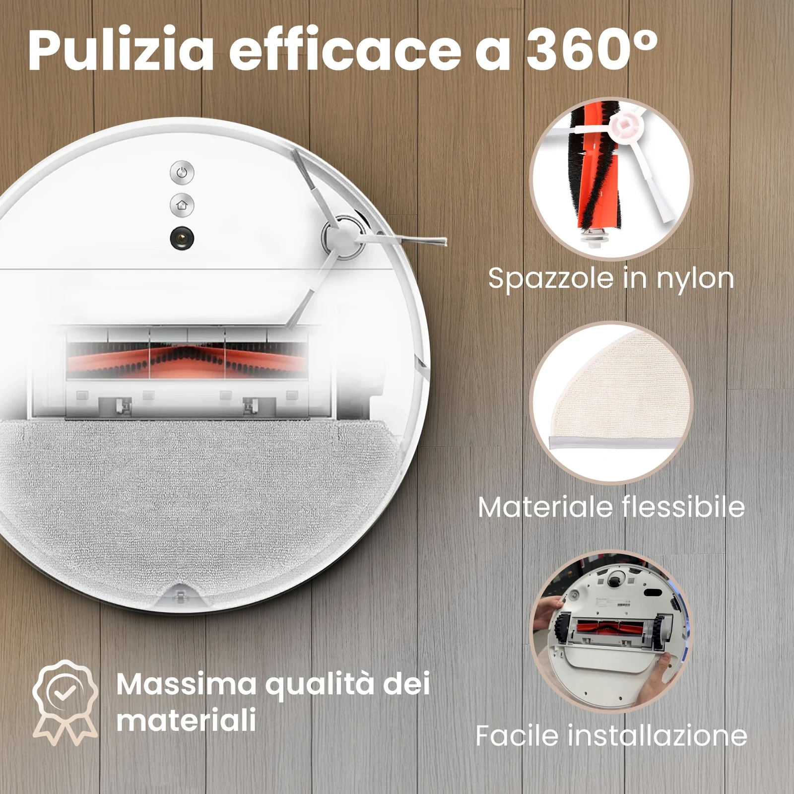 Robot Xiaomi visto dal basso con spazzola principale, spazzola laterale e panno lavapavimenti installati