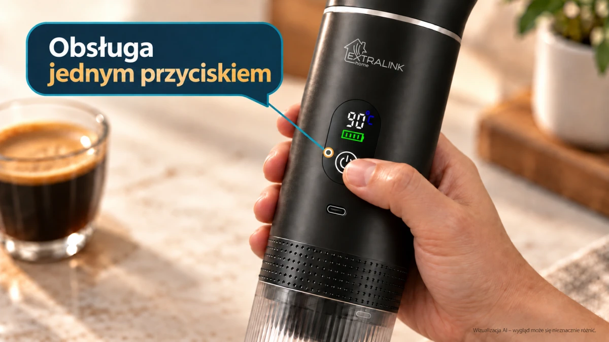 Кофемашина Extralink Espresso2Go с кнопкой управления и дисплеем температуры и уровня заряда.