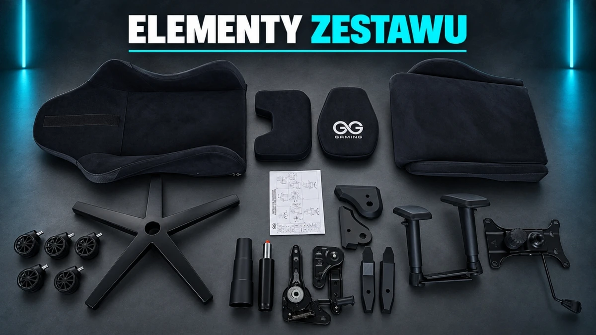 Parts of the black Striker gaming chair set prepared for self-assembly