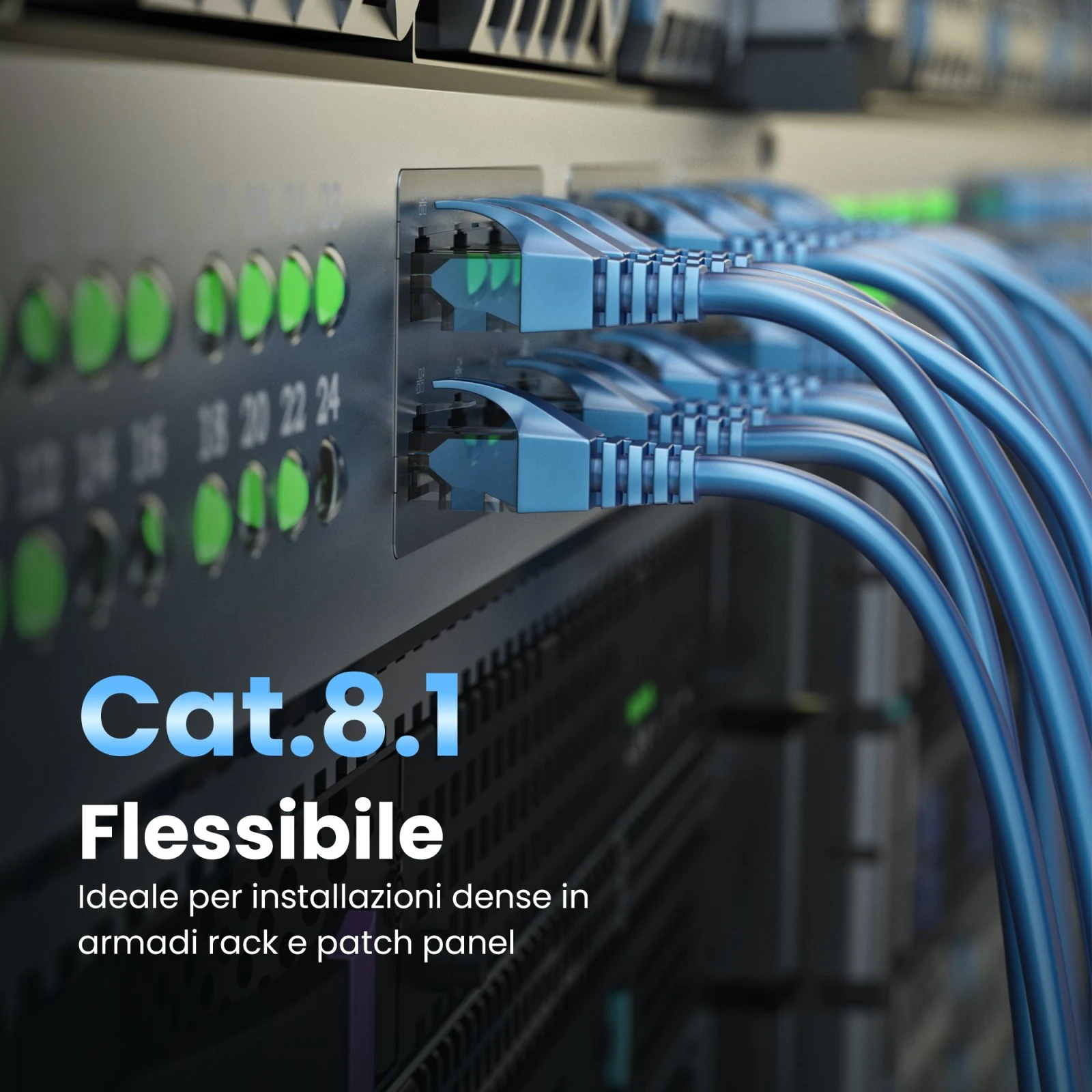 Patchcord blu collegati alle porte di un dispositivo di rete in un rack