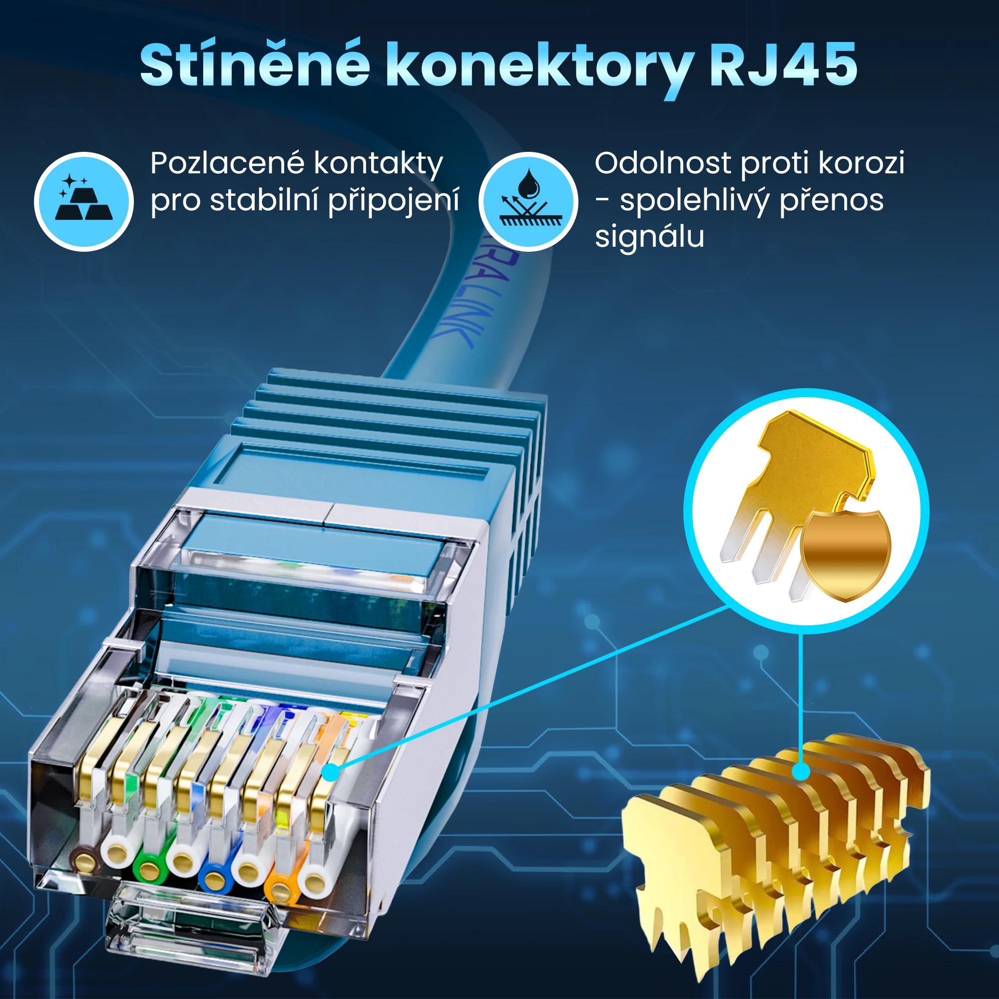 Detail modrého patchcordu Extralink se stíněným konektorem RJ45 a pozlacenými kontakty