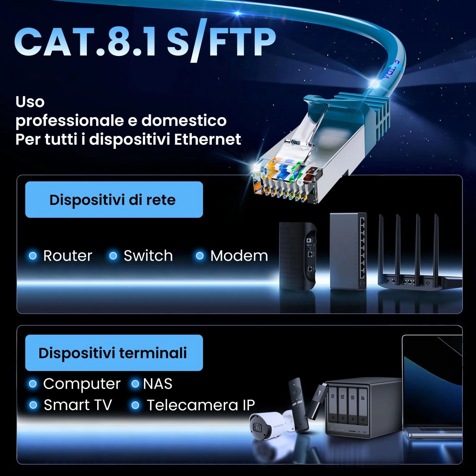 Patchcord Extralink blu con connettore RJ45 e dispositivi di rete, computer, NAS e telecamera IP
