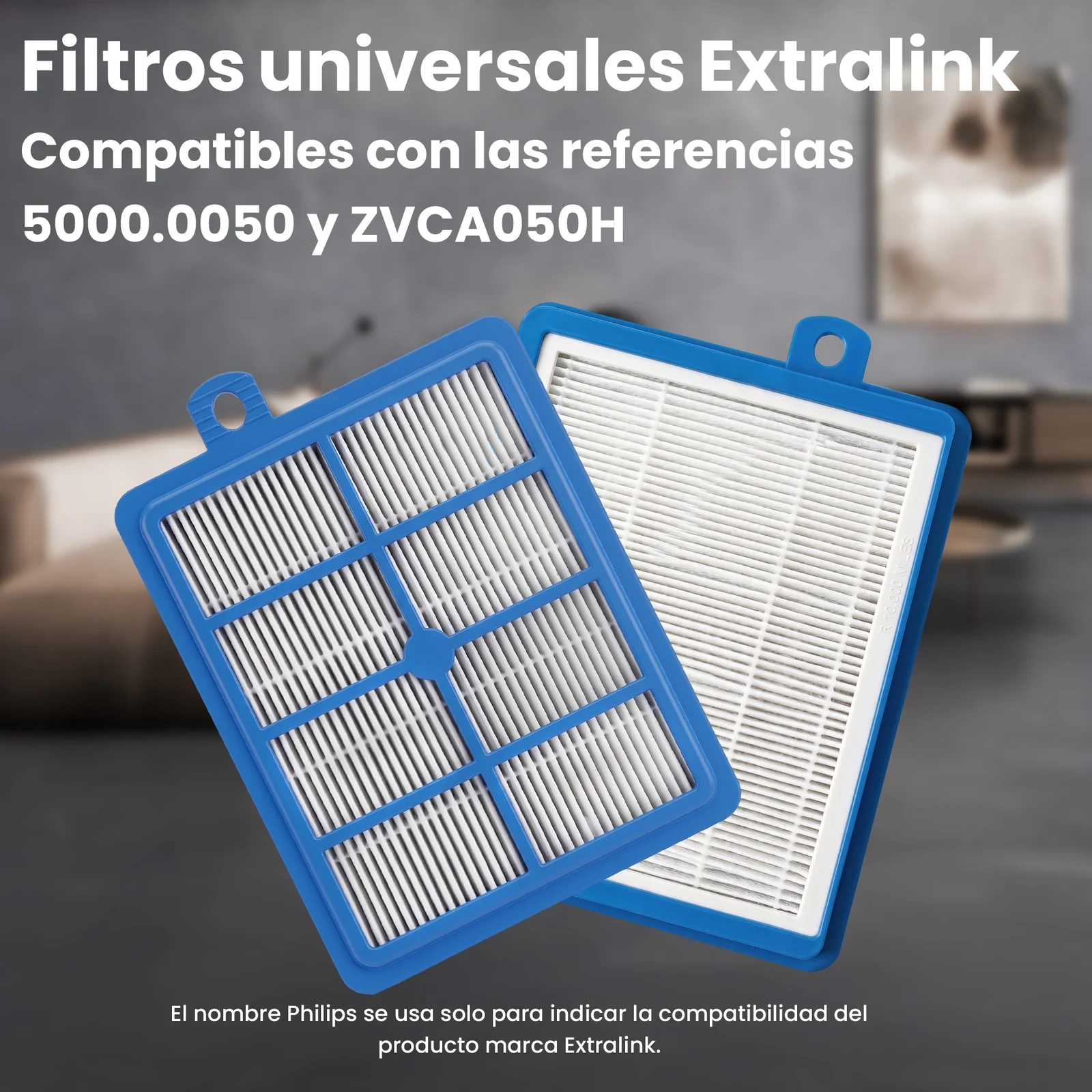 Dos filtros de aire azules con cartuchos plisados blancos