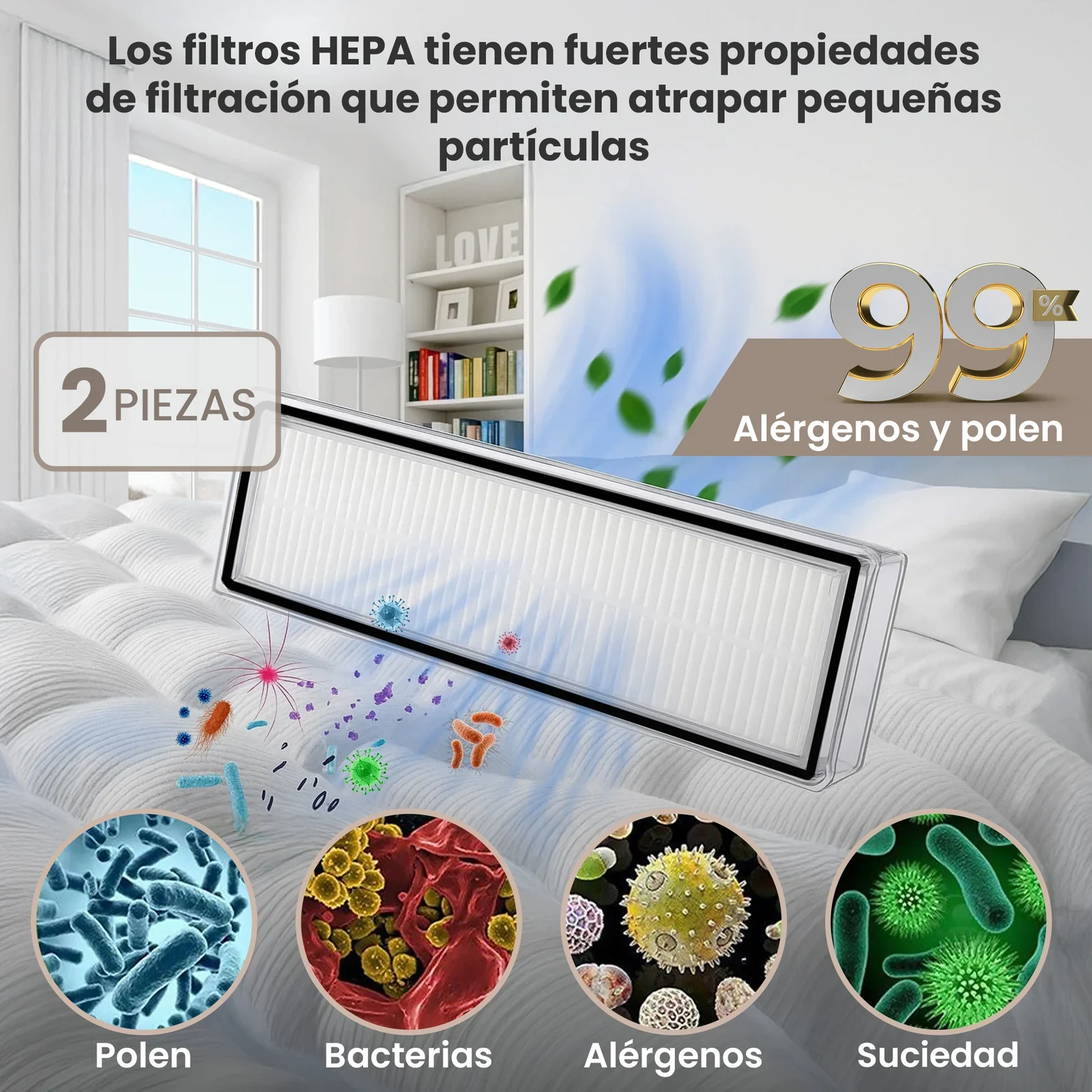 Filtro HEPA blanco con marco negro sobre un fondo de dormitorio y símbolos de colores que representan impurezas