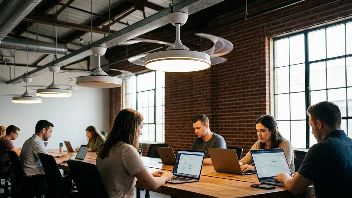 White ceiling fan with a round lamp in an office coworking space.