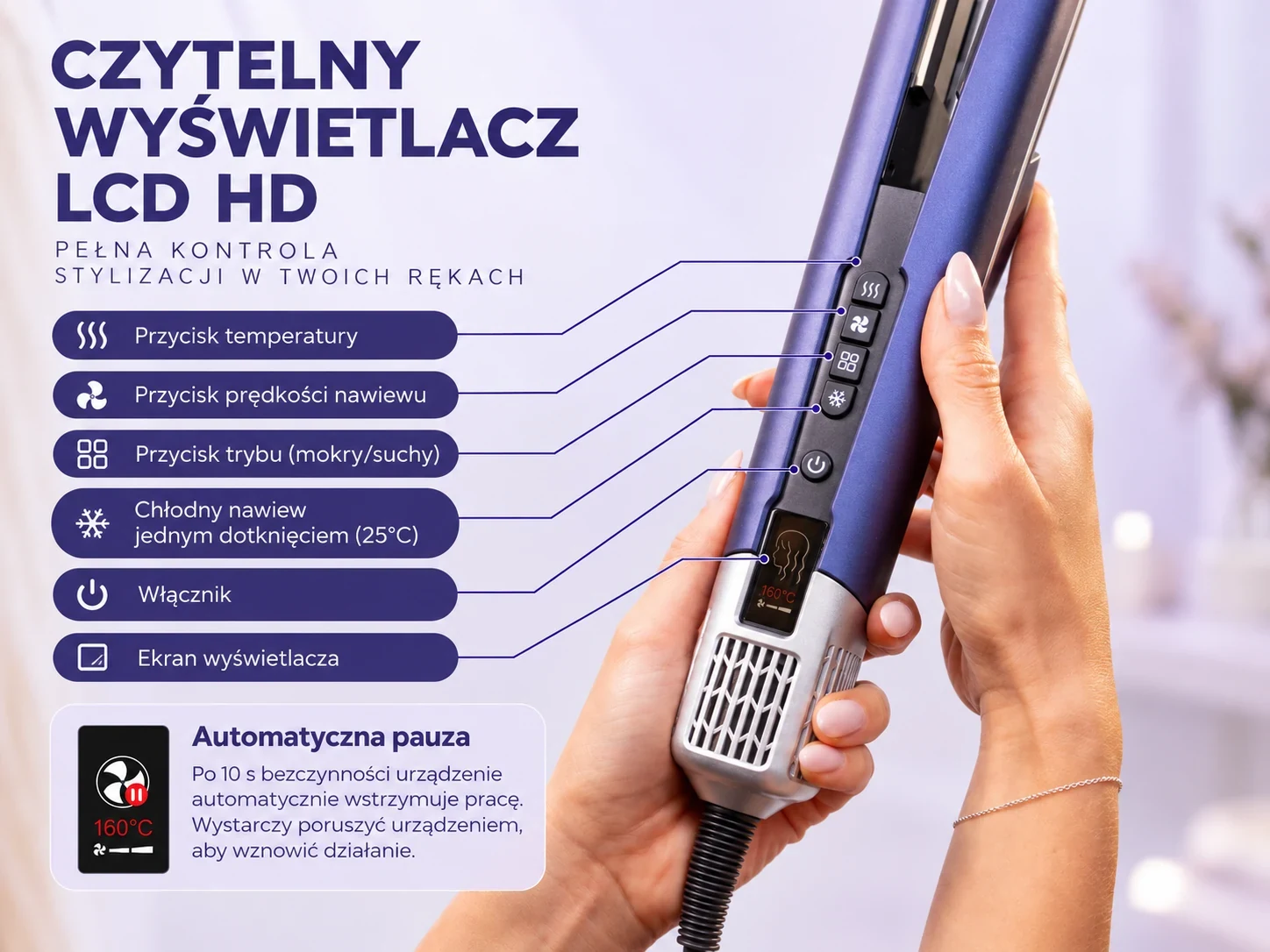 STAY Beauty aerodüzleştiricinin düğmelerini ve LCD ekranını kullanan elin yakın planı