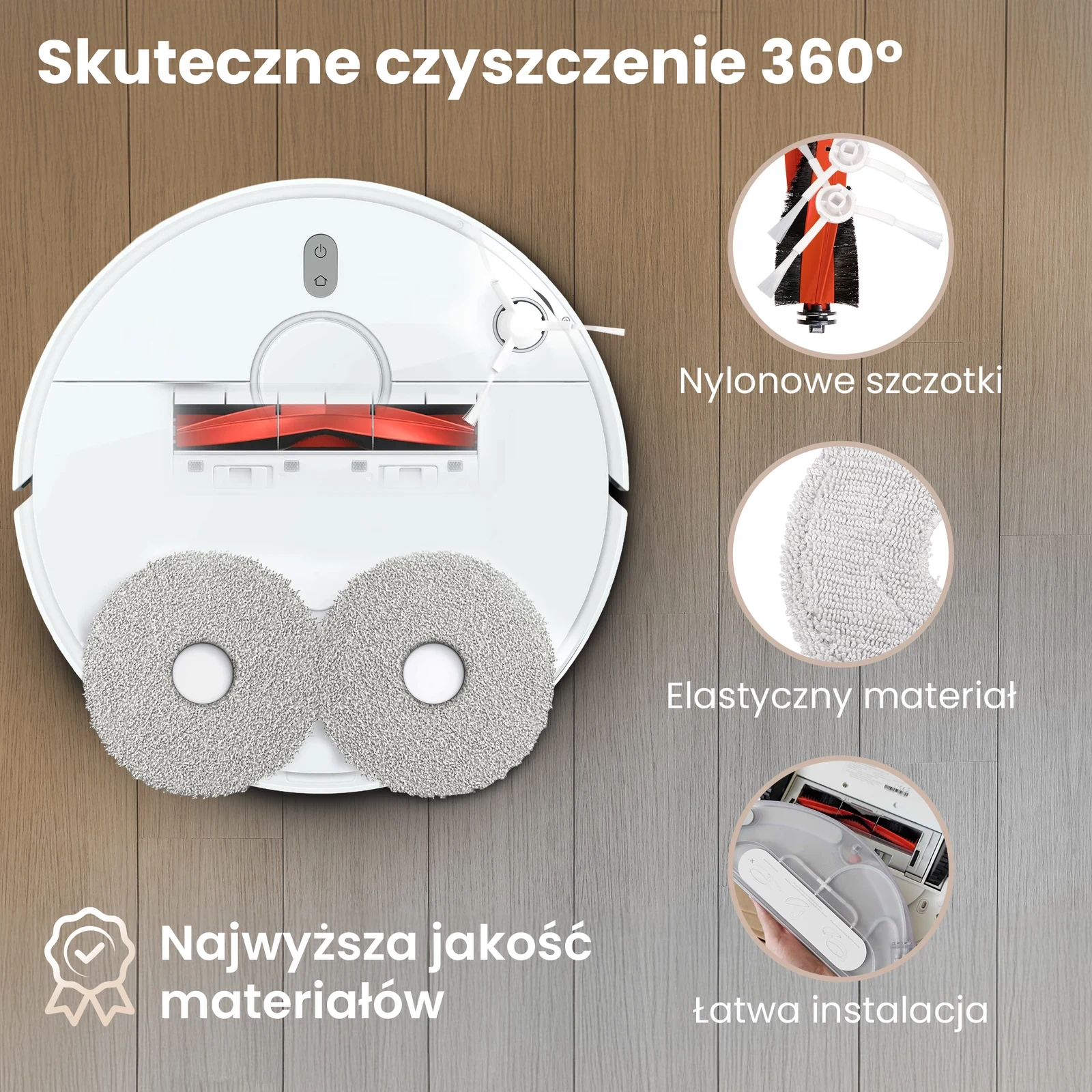 Robot Xiaomi z zamontowaną szczotką główną, szczotką boczną i dwiema ściereczkami mopującymi