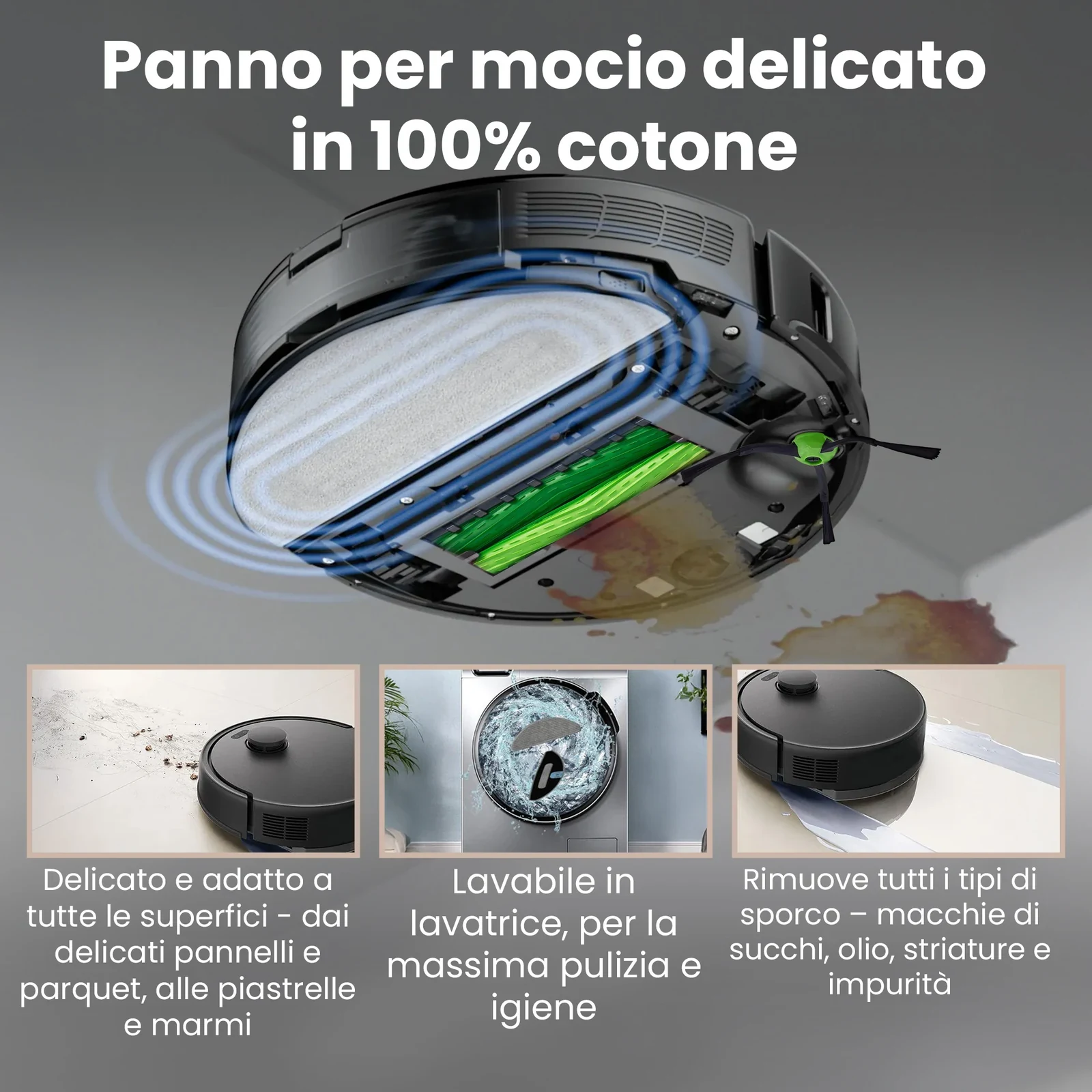 Parte inferiore del robot Roomba con panno per mocio bianco e spazzola verde installati