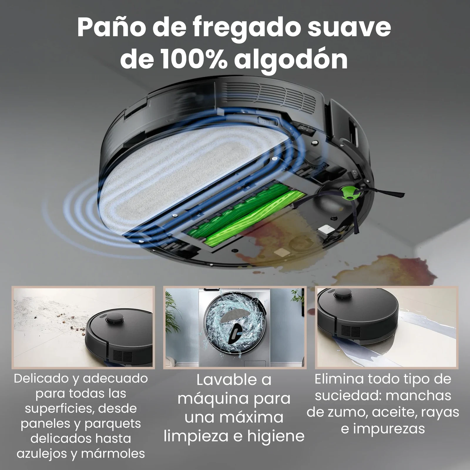 Parte inferior de un robot Roomba con un paño de mopa blanco y un cepillo verde instalados
