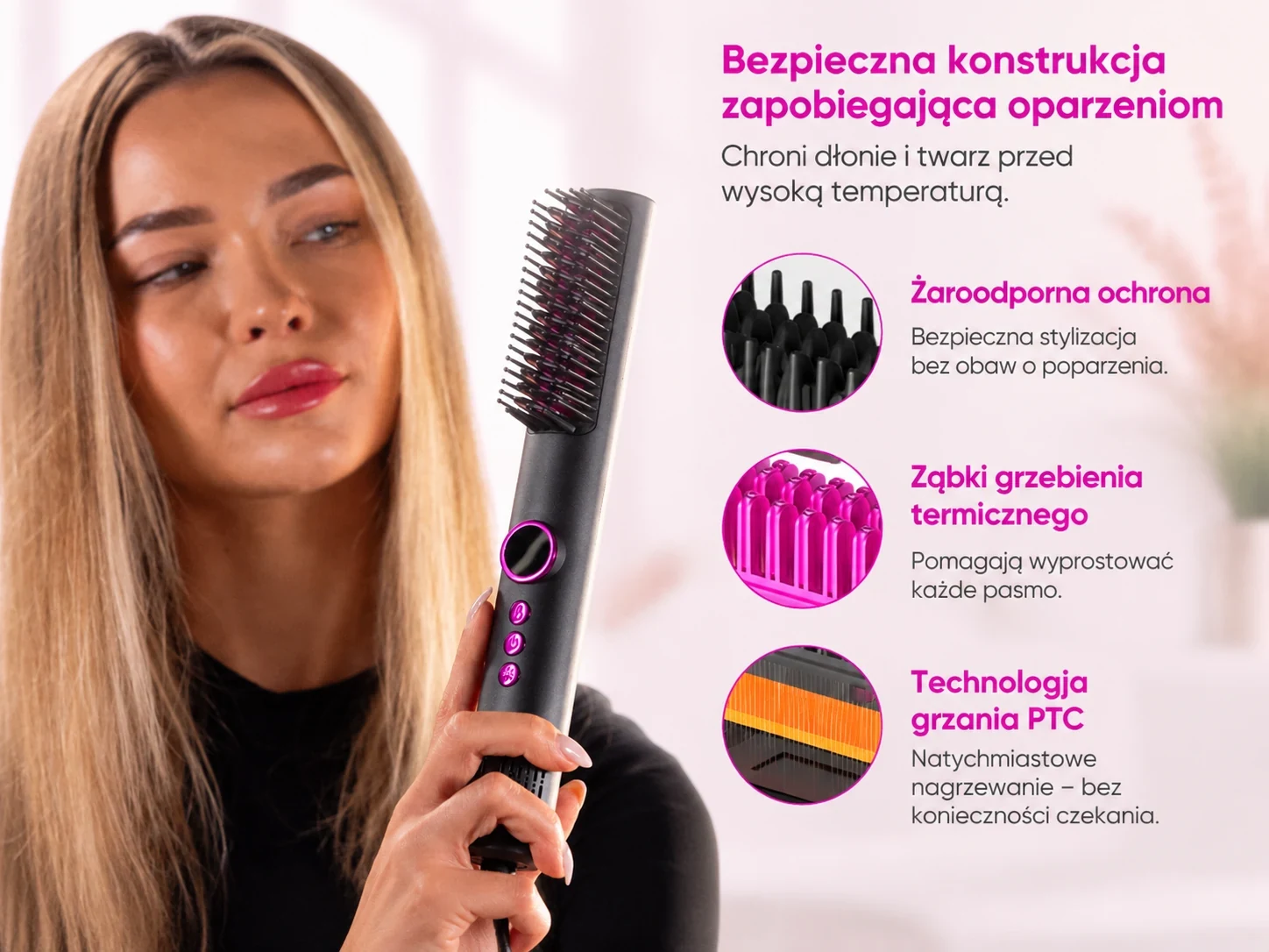 Kobieta trzyma czarną szczotkę prostującą Stay Beauty z osłoniętymi ząbkami