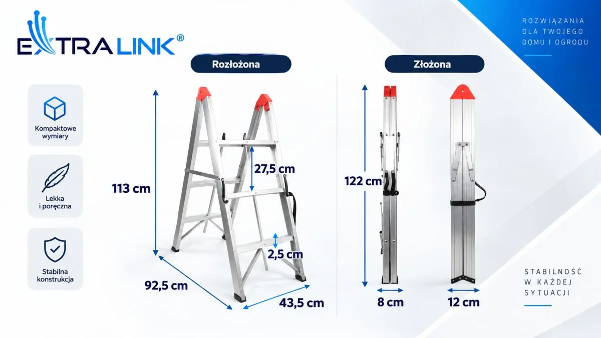 Aluminiowa drabina rozstawiona oraz dwa ujęcia drabiny po złożeniu na jasnym tle.