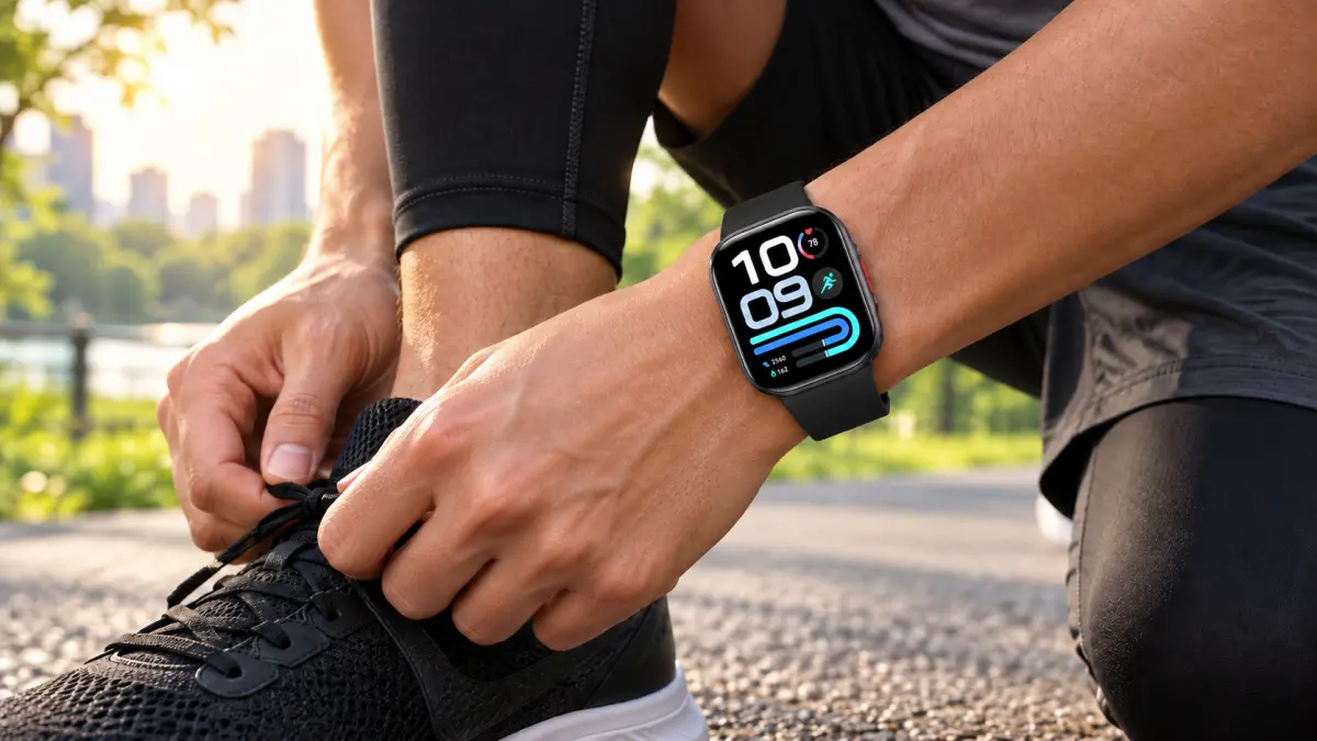 Schwarze Redmi Watch 6 Active Smartwatch am Handgelenk einer Person, die einen Sportschuh zubindet