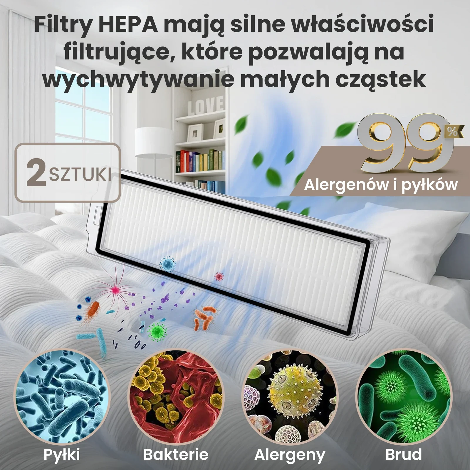Prostokątny filtr HEPA do robota sprzątającego na tle sypialni