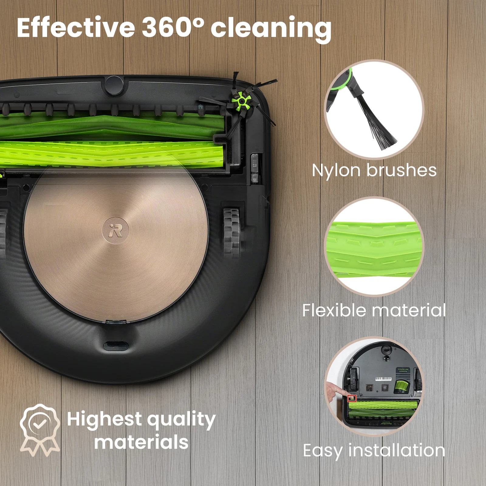 Underside of a black robot vacuum cleaner with green rubber rollers and a side brush