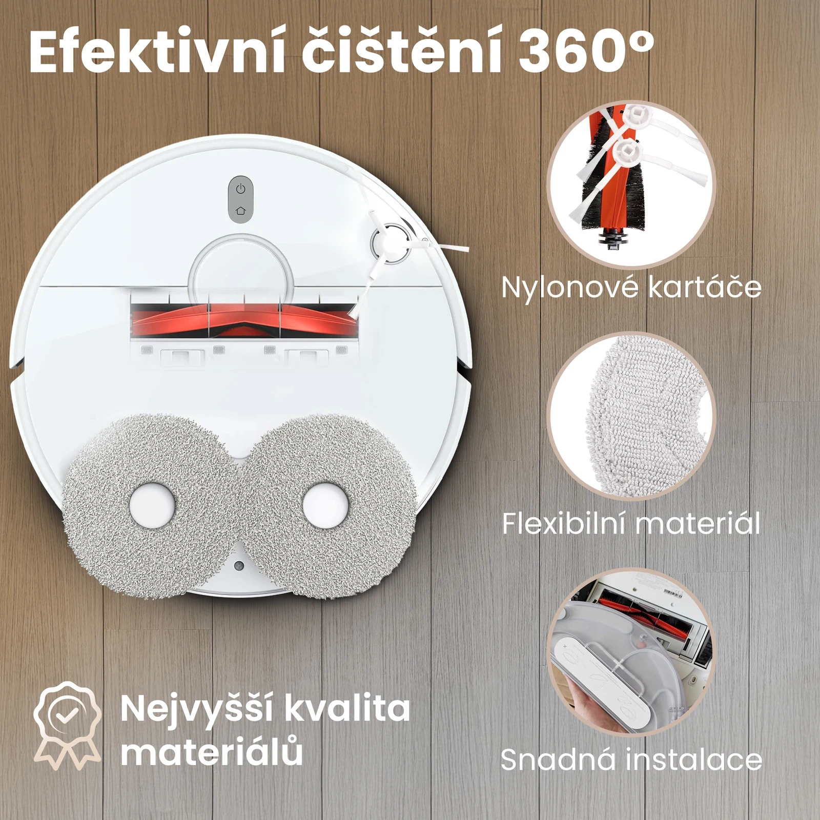 Robotick&yacute; vysavač zespodu s nasazen&yacute;mi kart&aacute;či a dvěma kulat&yacute;mi mopovac&iacute;mi hadř&iacute;ky