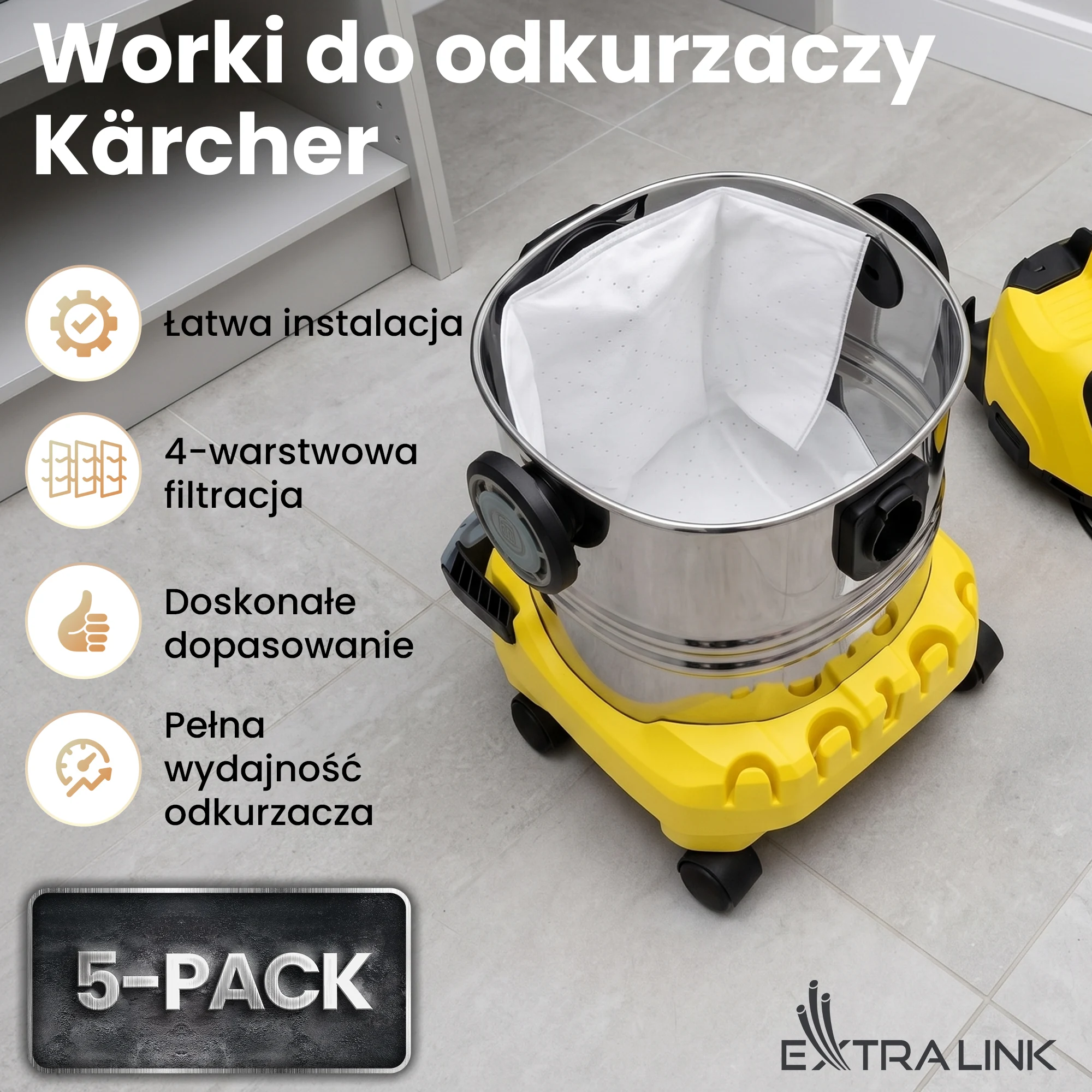 Worek syntetyczny Kärcher w odkurzaczu warsztatowym, łatwa instalacja i komplet 5 sztuk