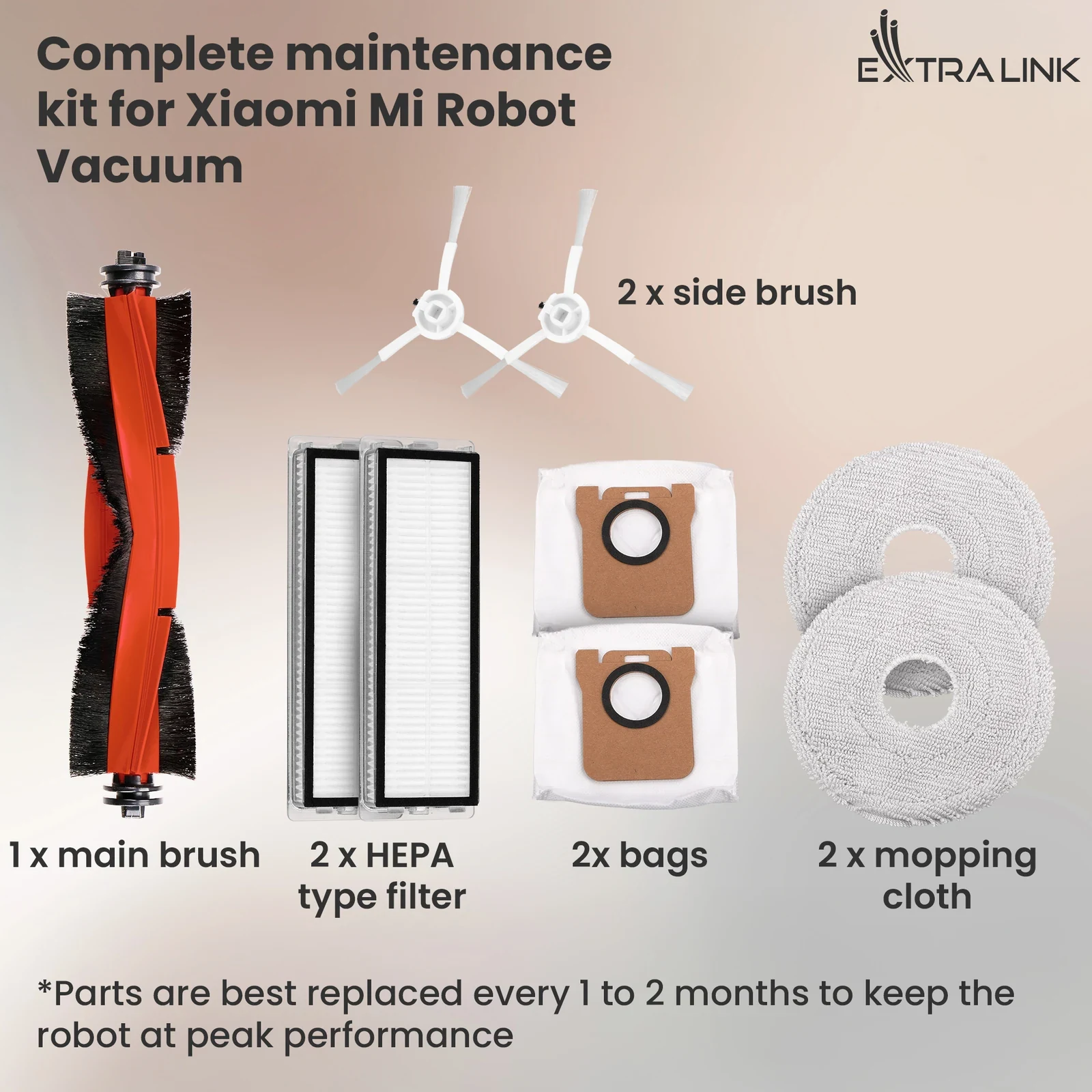 Robot vacuum cleaner parts set: main brush, two side brushes, two filters, bags and cloths