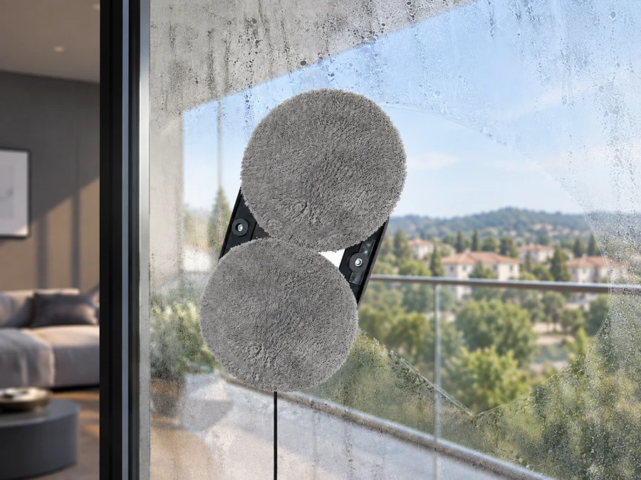 BLOW robot attached to a window using a vacuum system with suction power of up to 2800 Pa.